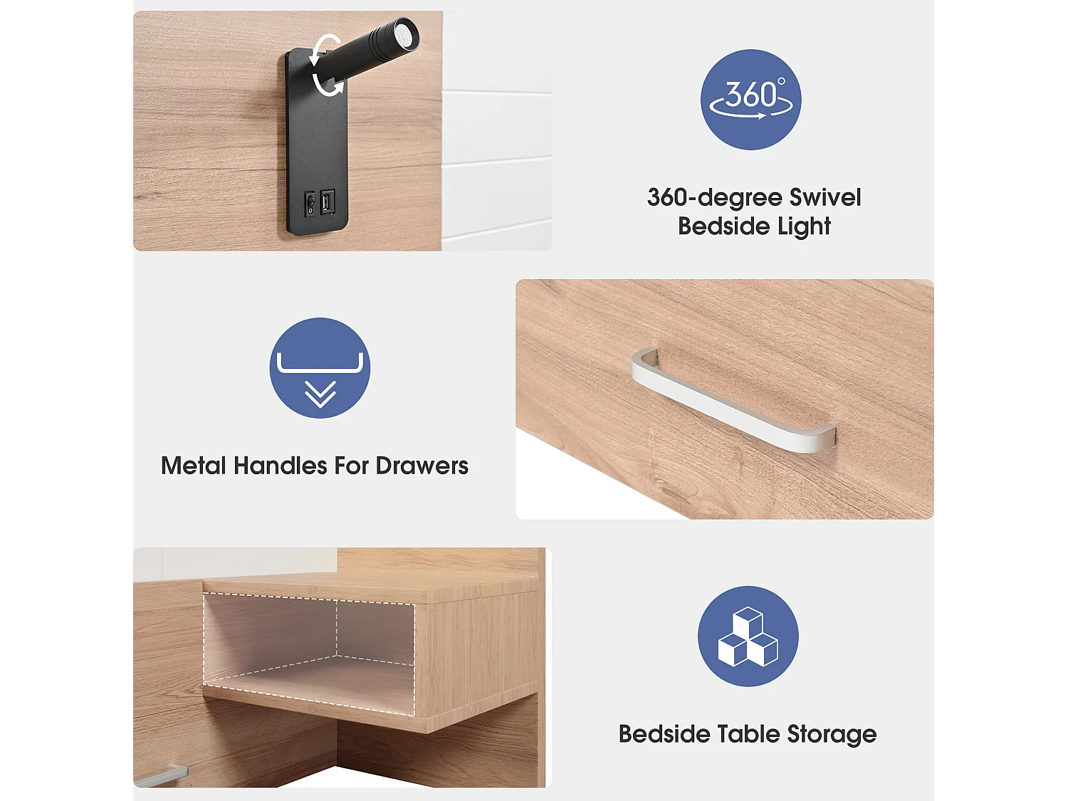 Lit Adulte 140 x 200 cm - 2 Tiroirs et Éclairage 360 Degrés + Port USB - Bois Massif+MDF - Sans Matelas - Blanc+Chêne Clair