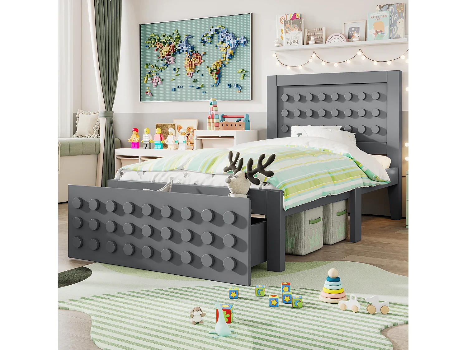 Lit simple en bois gris 90x200 cm, lit enfant, design en blocs, tiroirs, espace de rangement, sans matelas