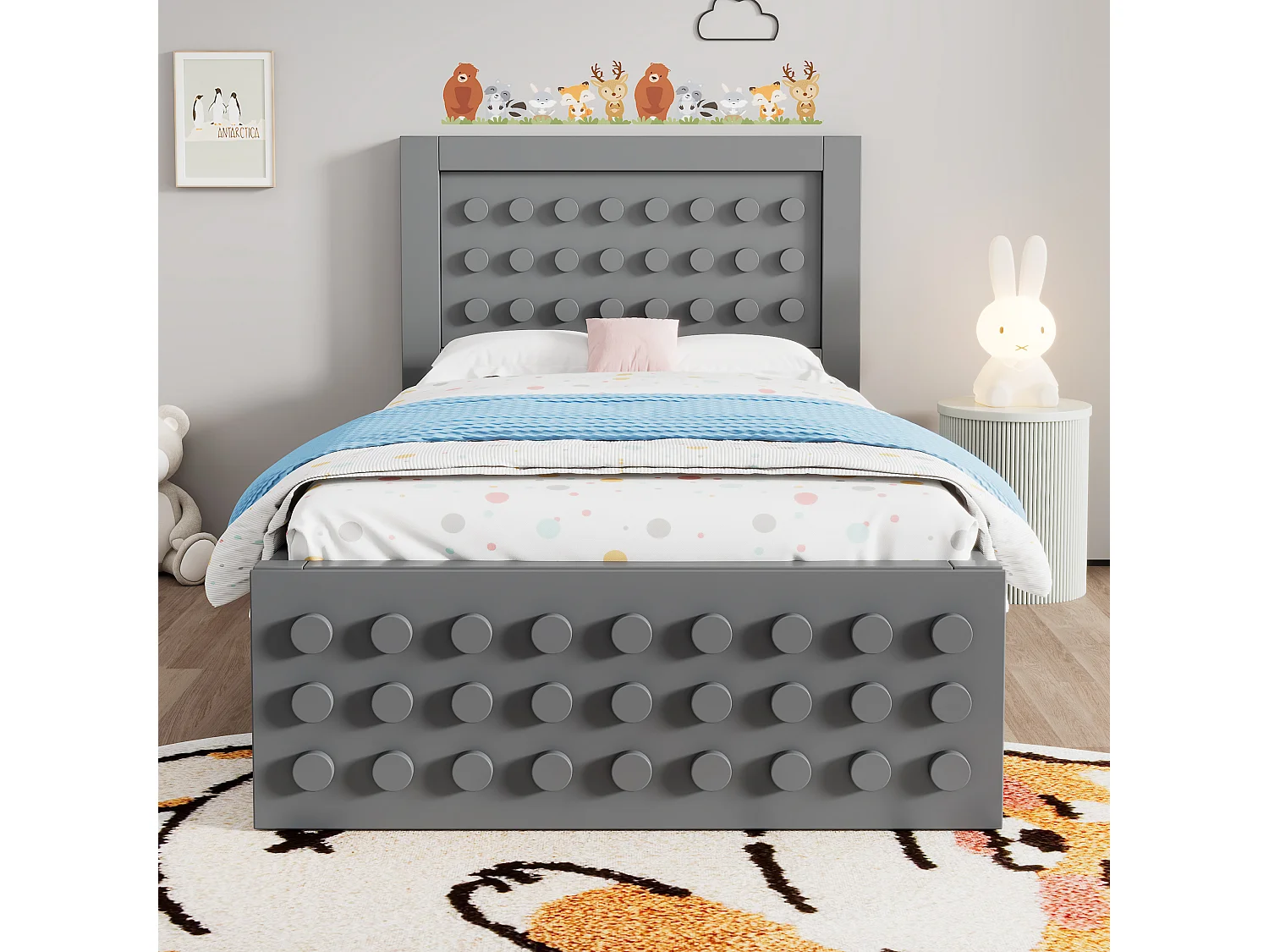 Lit simple en bois gris 90x200 cm, lit enfant, design en blocs, tiroirs, espace de rangement, sans matelas
