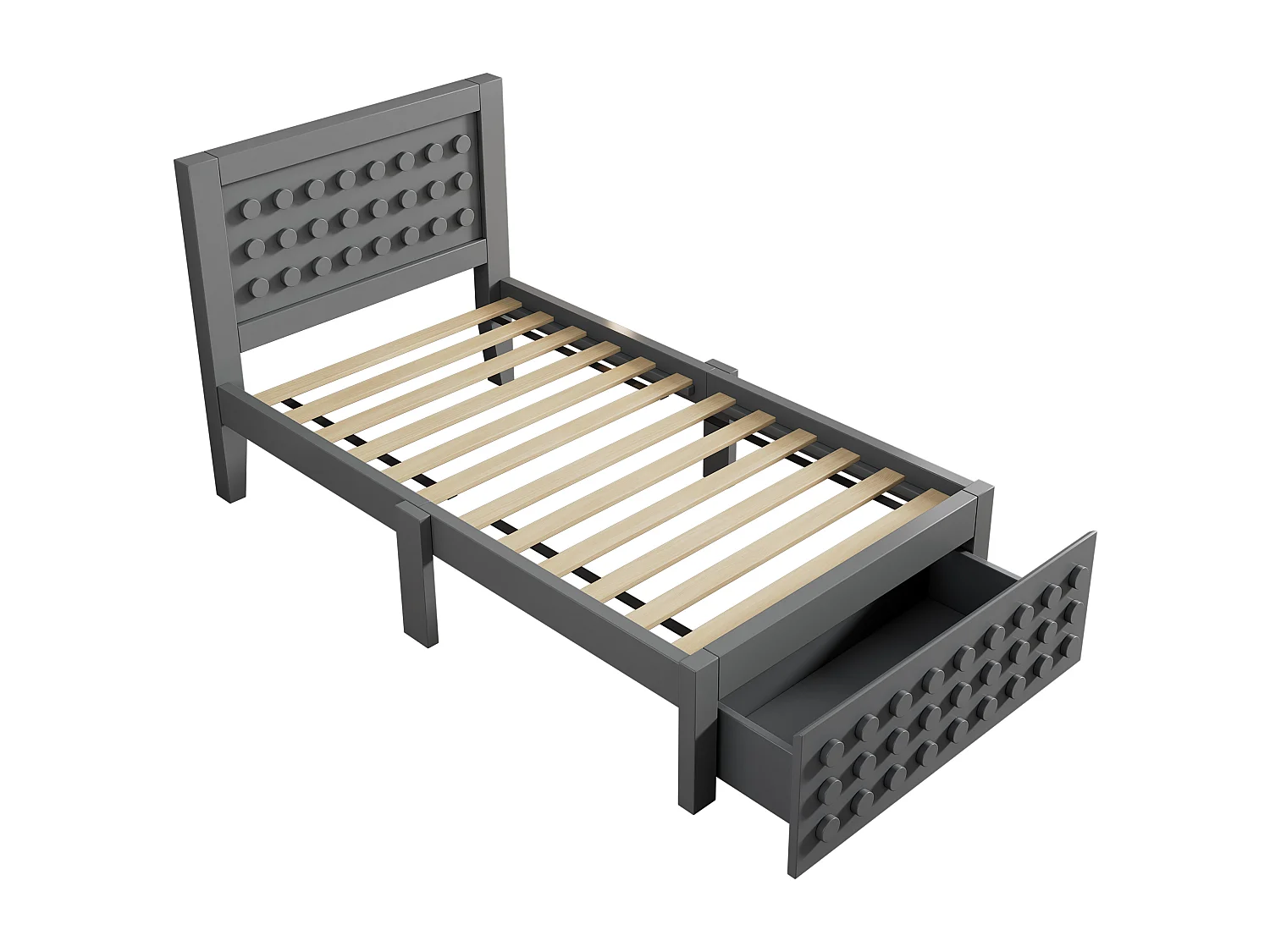 Lit simple en bois gris 90x200 cm, lit enfant, design en blocs, tiroirs, espace de rangement, sans matelas