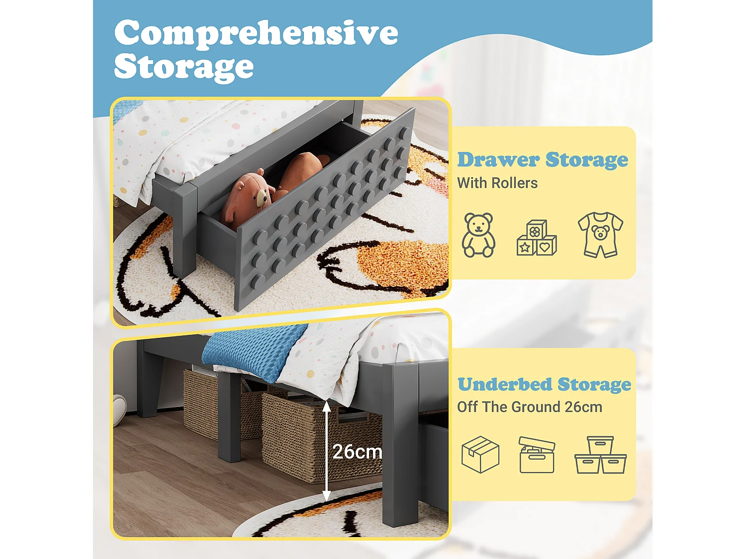 Eenpersoonsbed 90x200 cm – Gestyled Kinderbed Met Block-Design – Opberglade & 26 cm Onderruimte – Lattenbodem Met Gordel – Hout – Grijs – Zonder matras