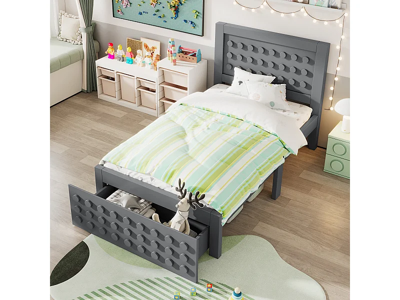 Eenpersoonsbed 90x200 cm – Gestyled Kinderbed Met Block-Design – Opberglade & 26 cm Onderruimte – Lattenbodem Met Gordel – Hout – Grijs – Zonder matras