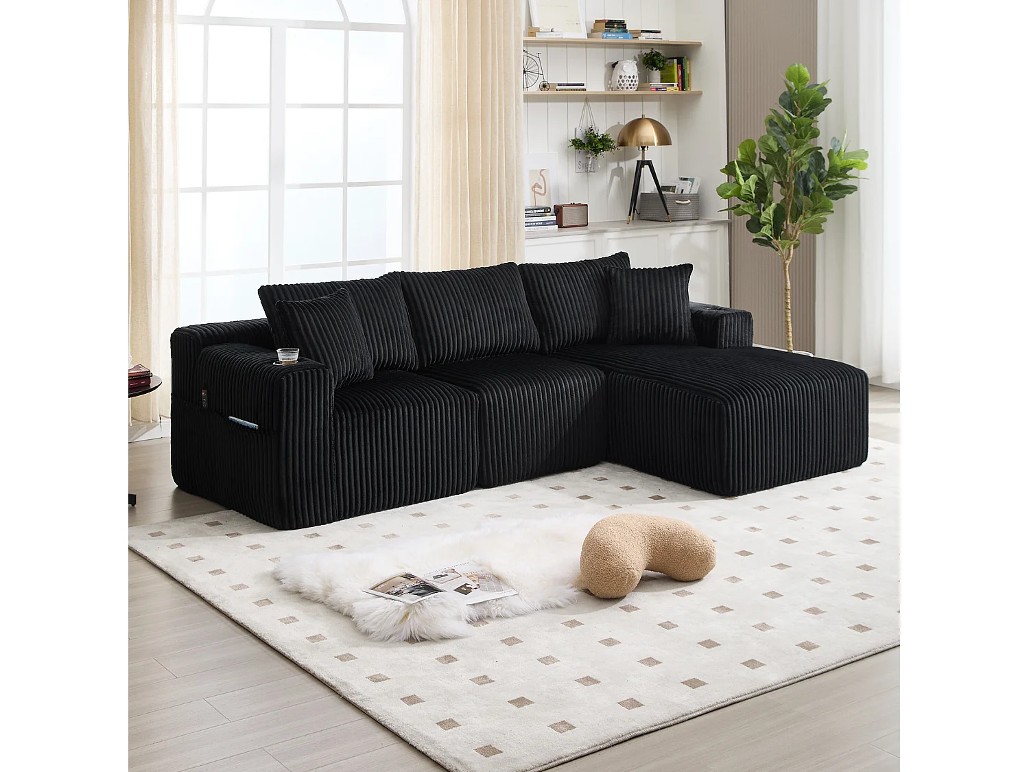 Canapé d'angle 3 places, 257 x 160 x 62, rangement, pour salon, appartement et studio, Corduroy noir