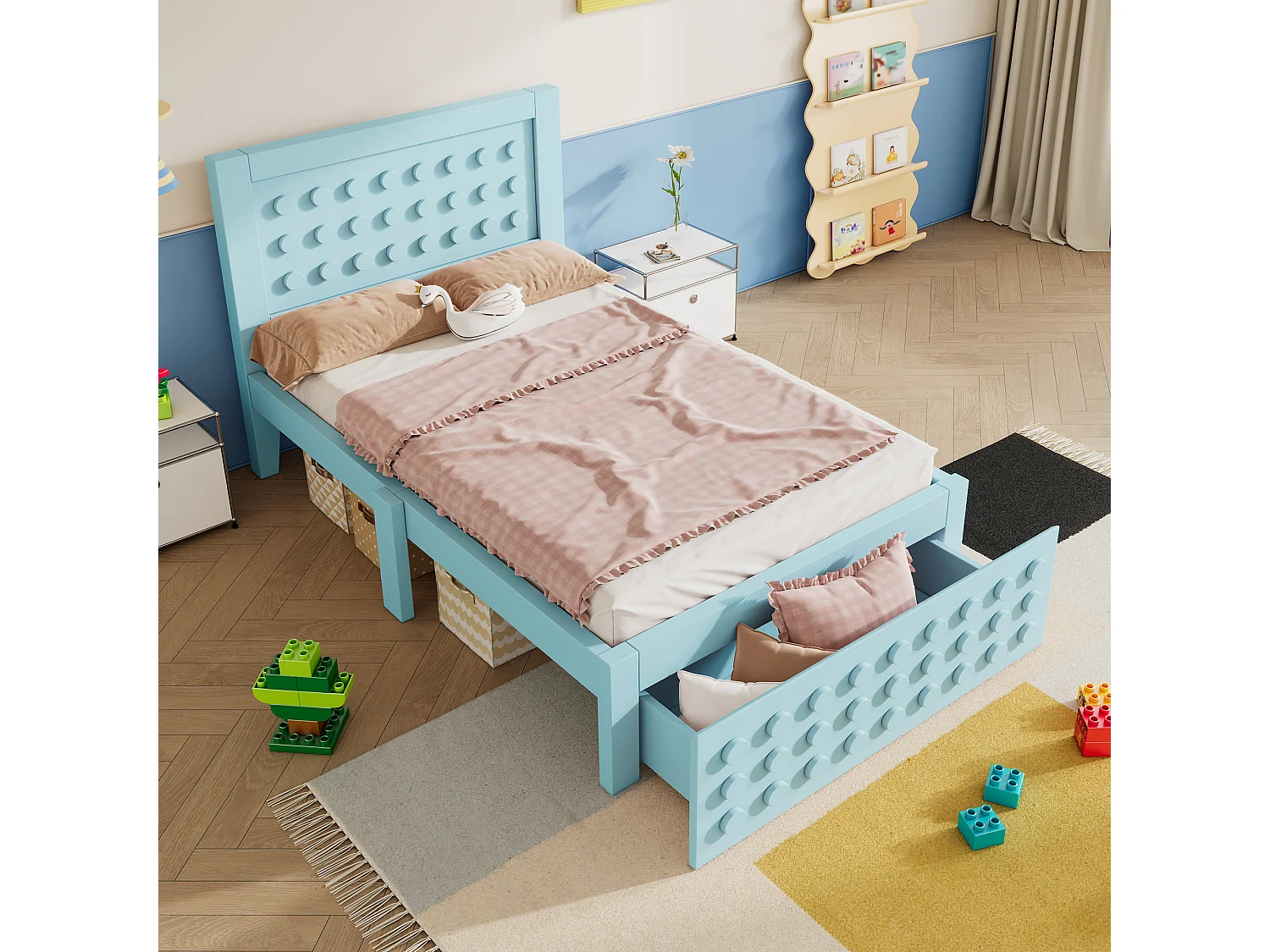 Kinderbed 90x200 cm – Eenpersoonsbed met Creatief Block-Design en Opberglade – Voor Kinderkamer/Jeugd – Hout – Zonder matras – Blauw