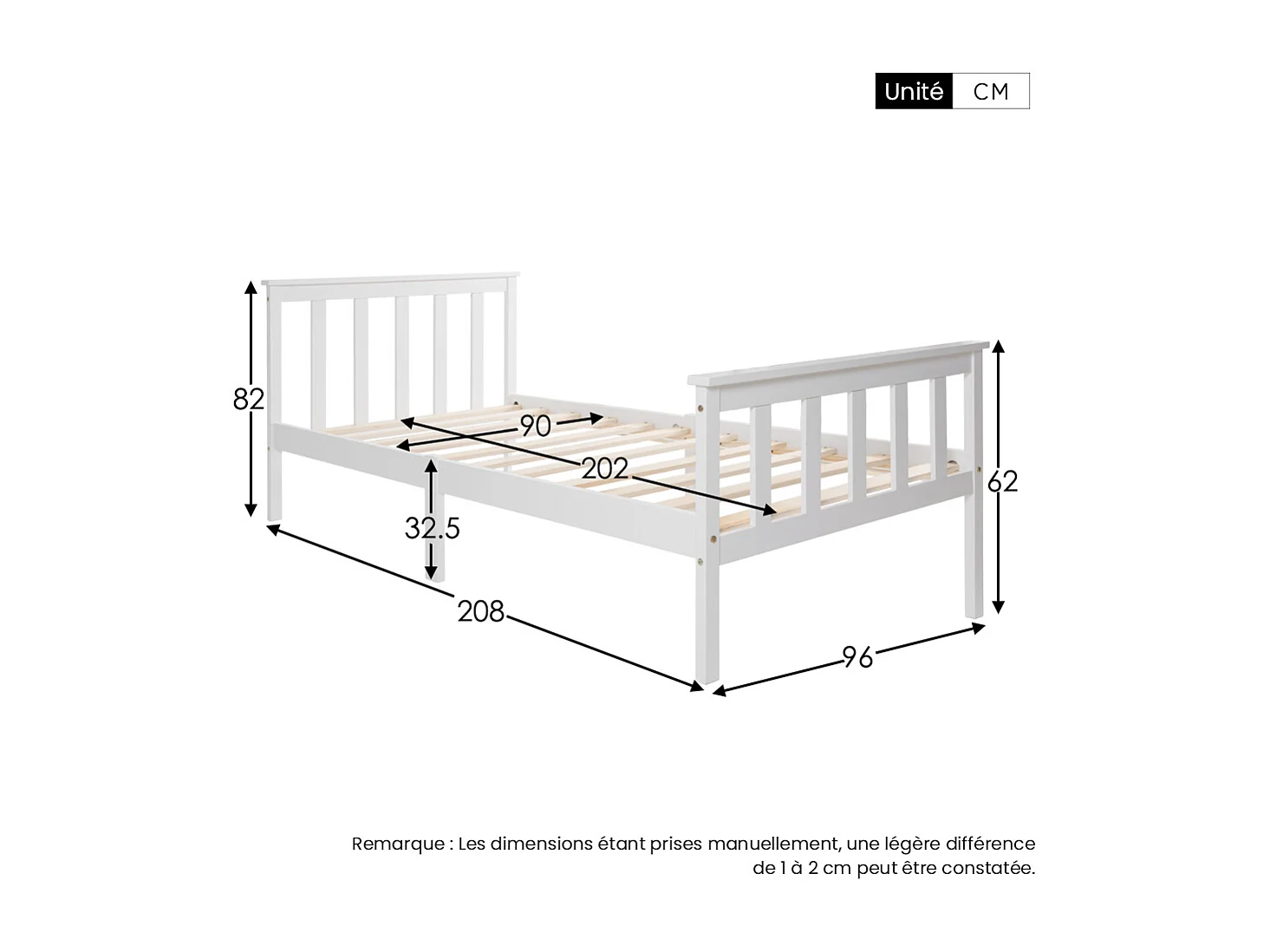Eenpersoonsbed 90x200 cm - Massief Grenen Bed Met Lattenbodem - Stevig En Veilig - Wit - Zonder Matras