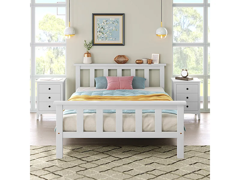 Lit simple 90 x 200 cm, design minimaliste, tête de lit, pin+ MDF blanc, sans matelas