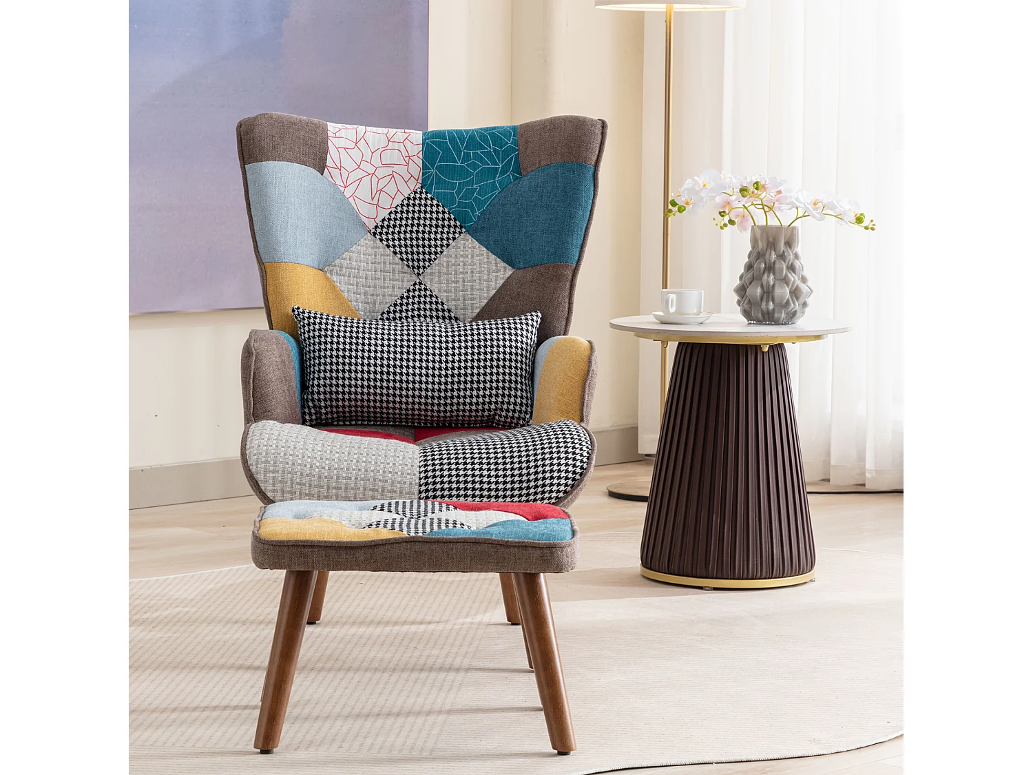 Fauteuil droit avec repose-pieds, avec dossier haut, appui-tête et coussin lombaire peluche, multicolore