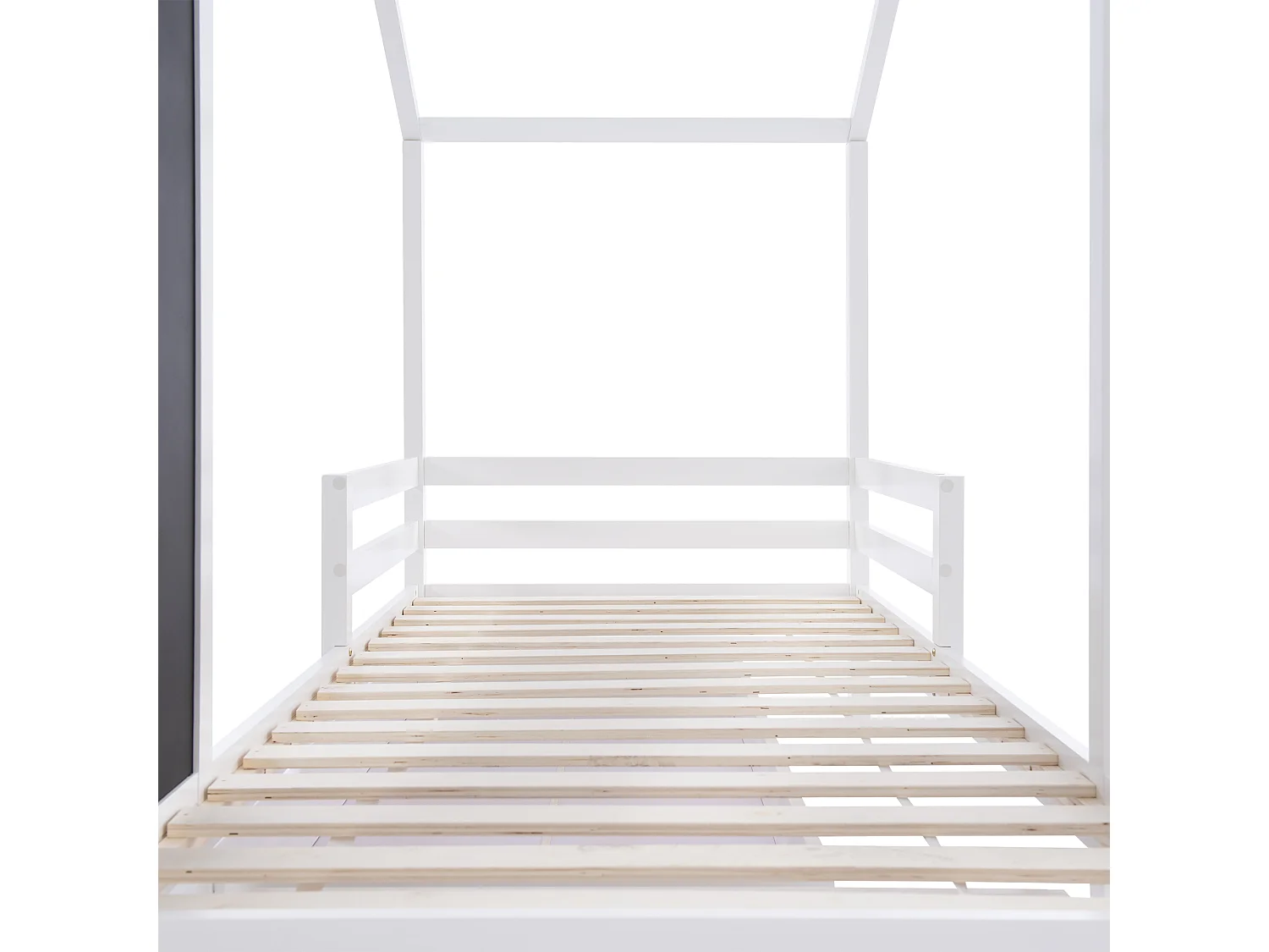 Lit cabane enfant 90 x 200 cm, tableau noir et 2 tiroirs, clôtures, en pin + MDF blanc, sans matelas