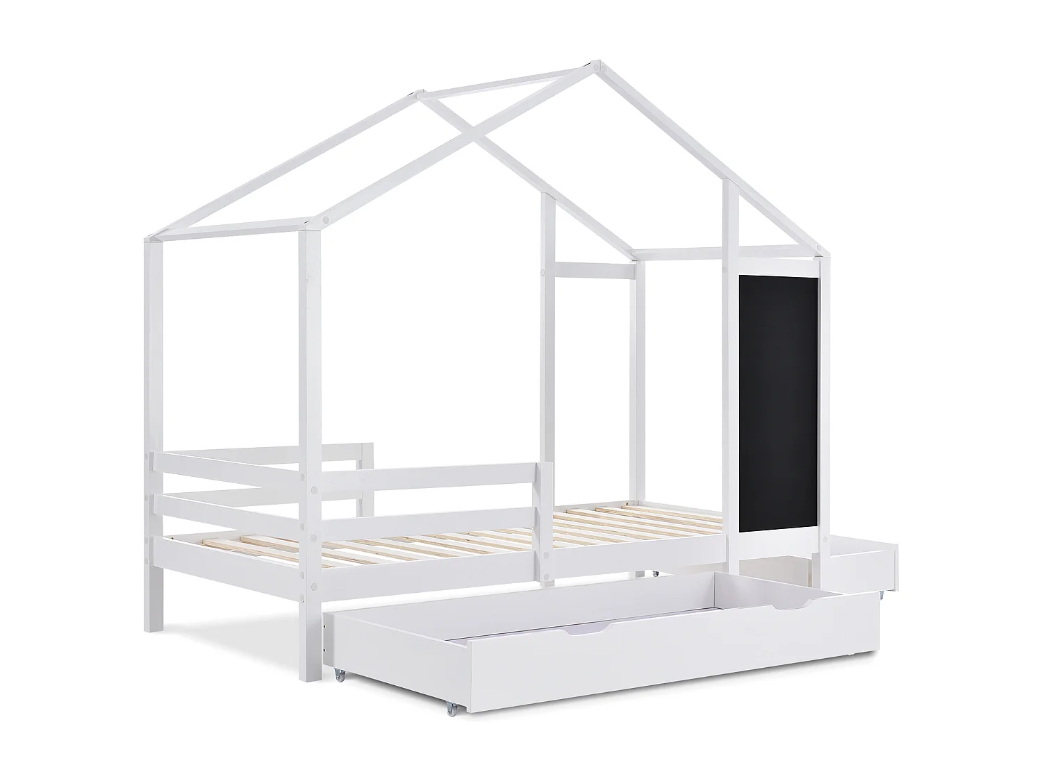 Lit cabane enfant 90 x 200 cm, tableau noir et 2 tiroirs, clôtures, en pin + MDF blanc, sans matelas