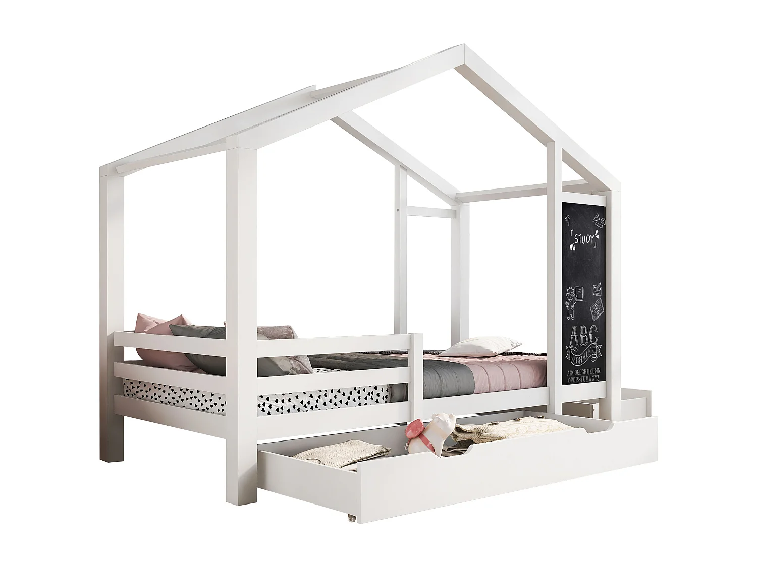 Lit Enfant Maison 90 x 200 cm - En Bois Massif Avec Tableau 84 x 39 cm, 2 Tiroirs Et Sommier À Lattes - Blanc - Sans Matelas