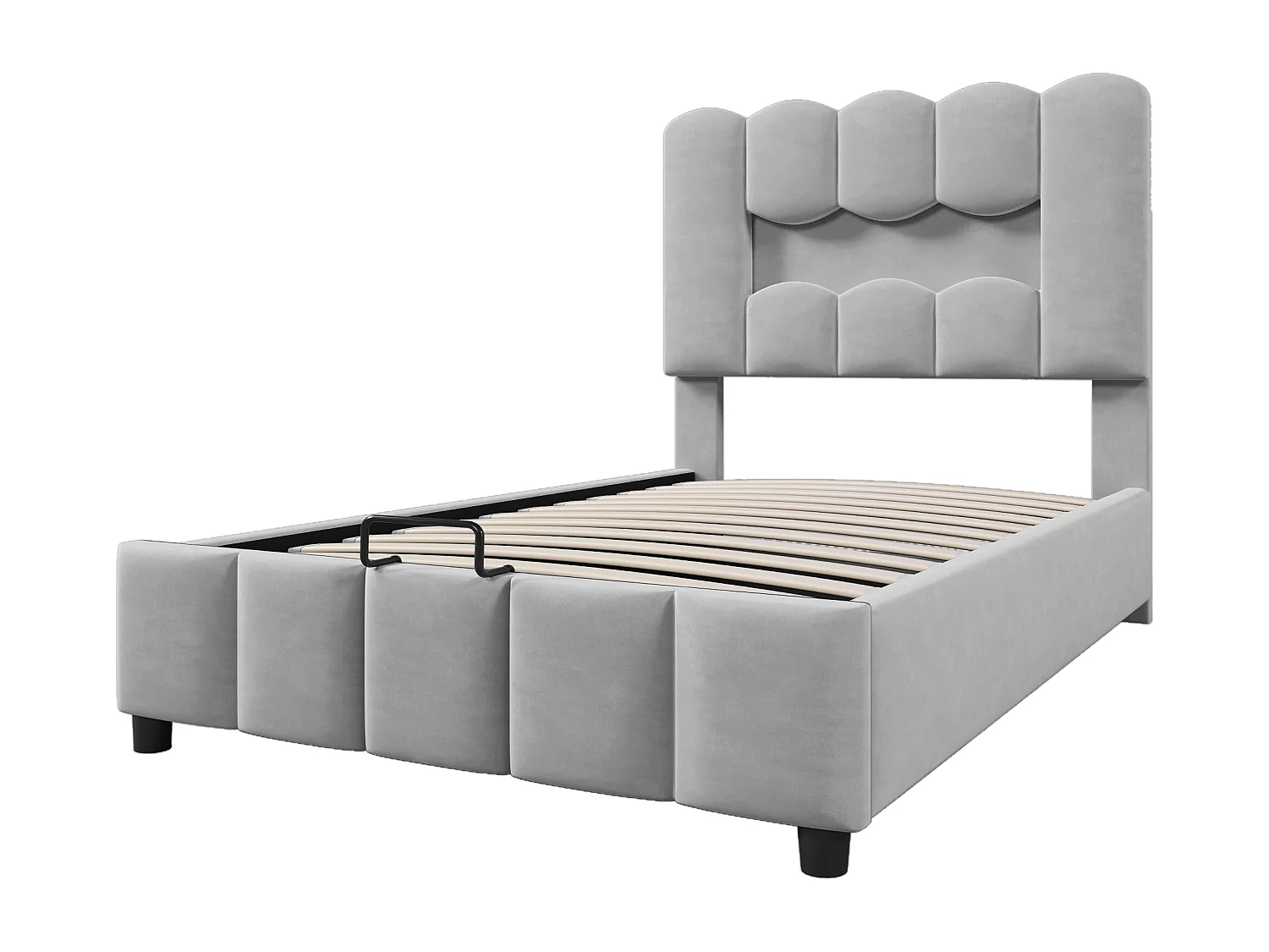 Lit coffre simple 90x200 cm, tissu en fond, rangement, LED, tête de lit réglable, Velours gris, sans matelas