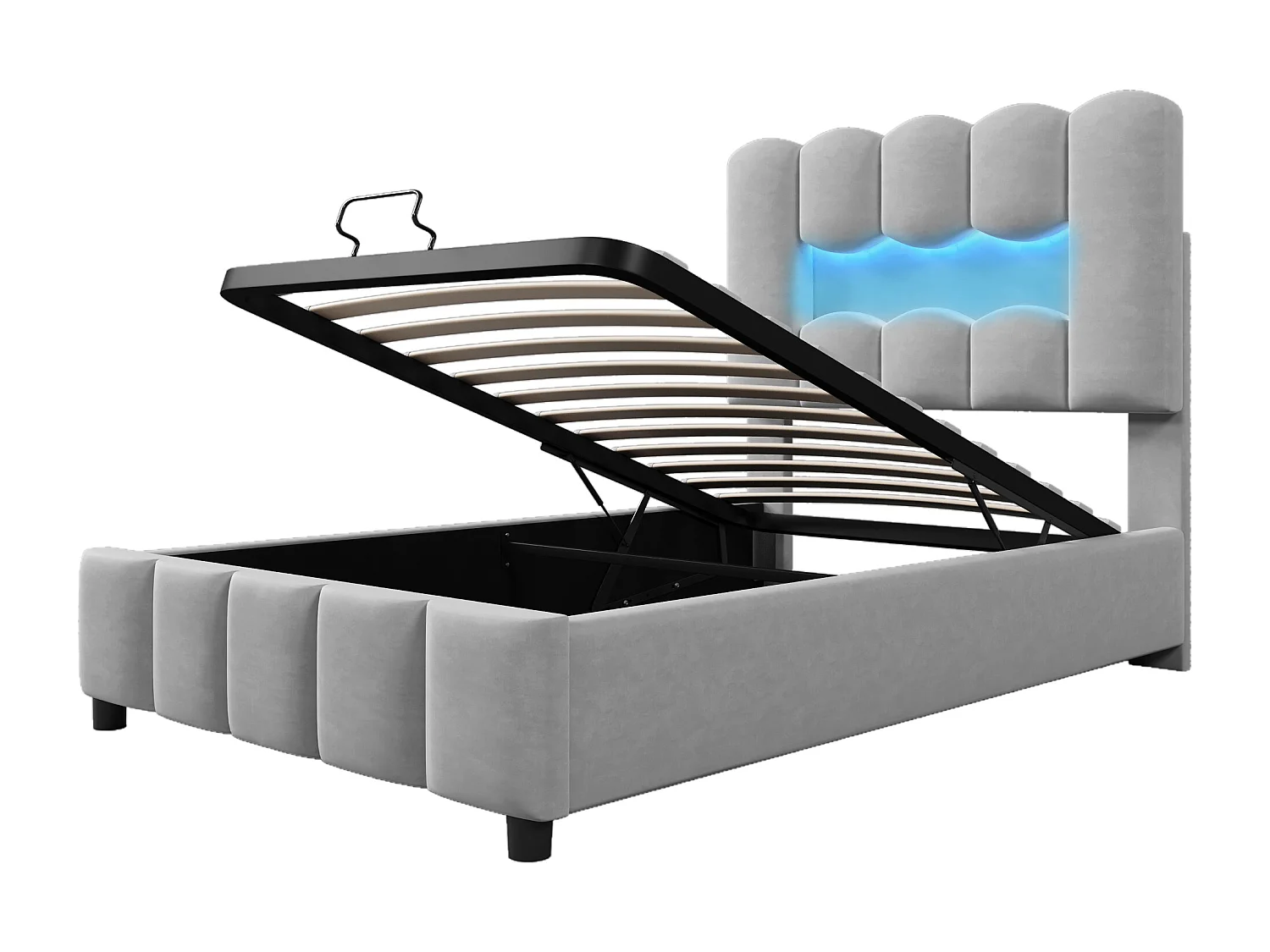 Lit coffre simple 90x200 cm, tissu en fond, rangement, LED, tête de lit réglable, Velours gris, sans matelas