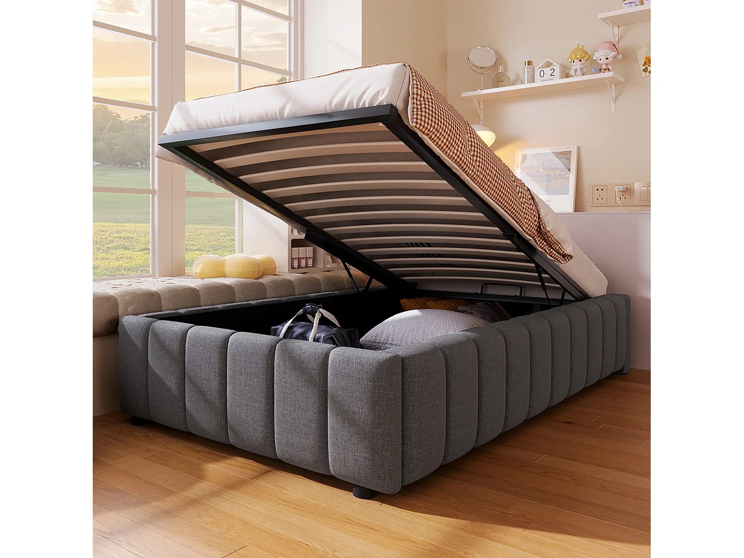 Lit coffre simple 90x200cm, tissu en fond, sans tête de lit, en MDF+ lin gris, sans matelas