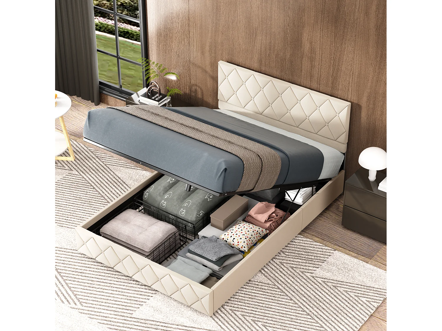 Lit coffre double 140x190 cm, Élégant et moderne, Tête de Lit Réglable, Velours Beige, Sans Matelas