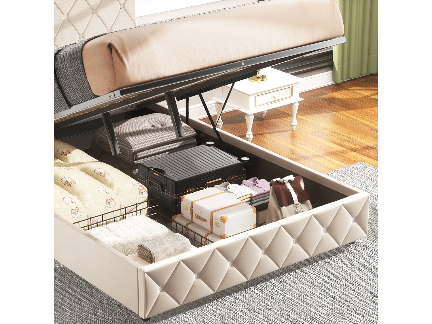 Lit coffre double 140x190 cm, Élégant et moderne, Tête de Lit Réglable, Velours Beige, Sans Matelas