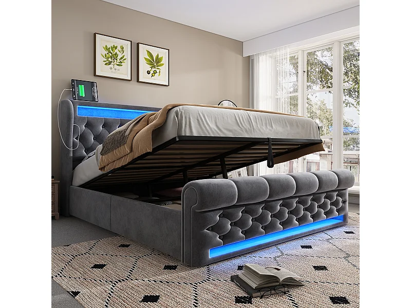Lit coffre moderne 140x200cm, tête de lit avec port USB, Type-C, LED, velours gris, sans matelas