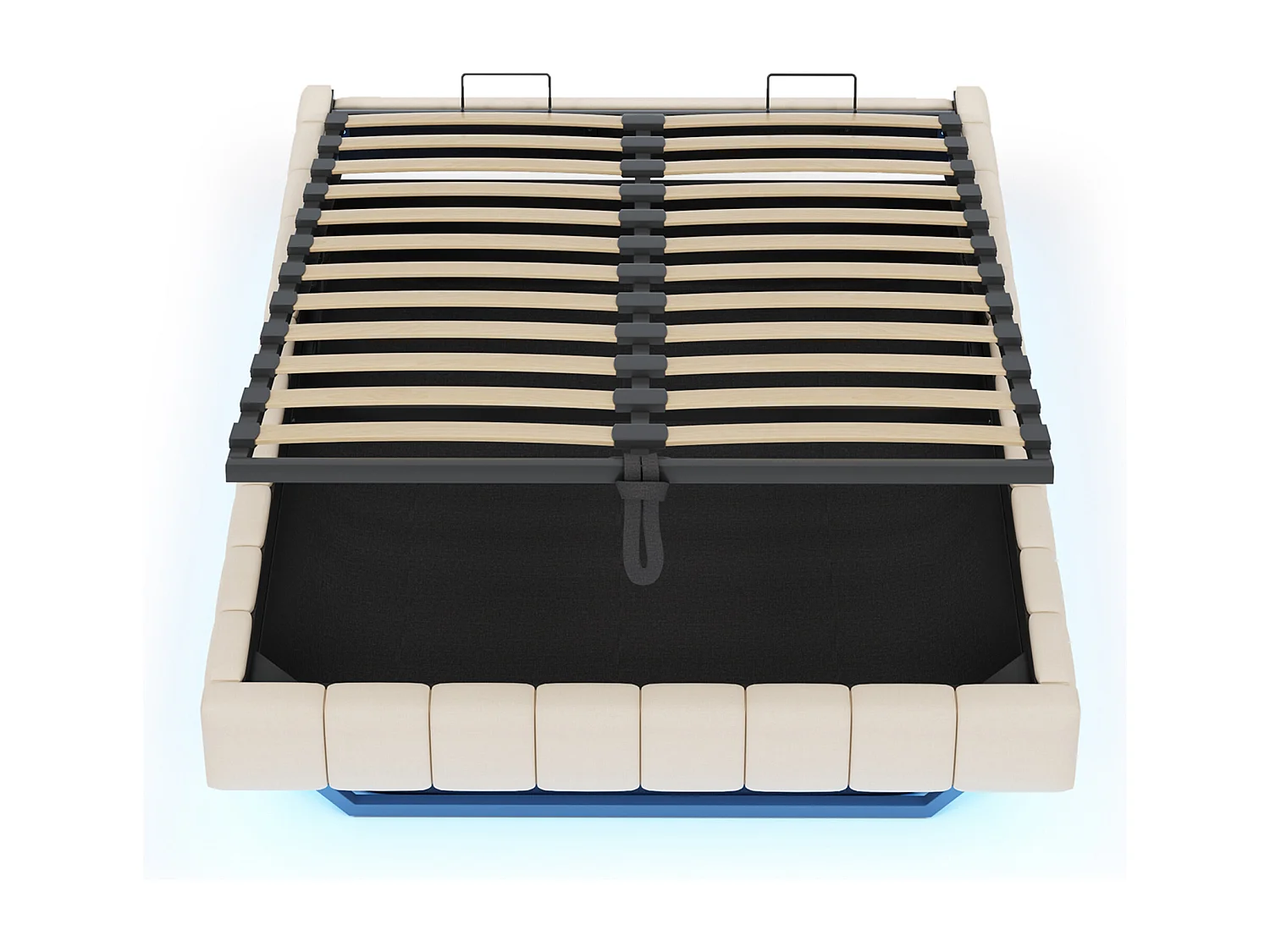 Lit coffre moderne 140x200 cm, tissu en fond, rangement, sans tête de lit, LED, lin beige, sans matelas