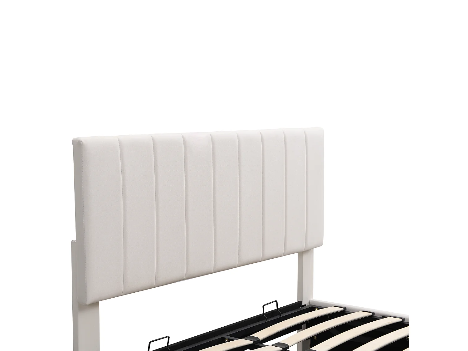 Lit coffre 140 x 200 cm, tissu en fond, LED, Tête de lit réglable, MDF+ métal+ PU blanc, sans matelas