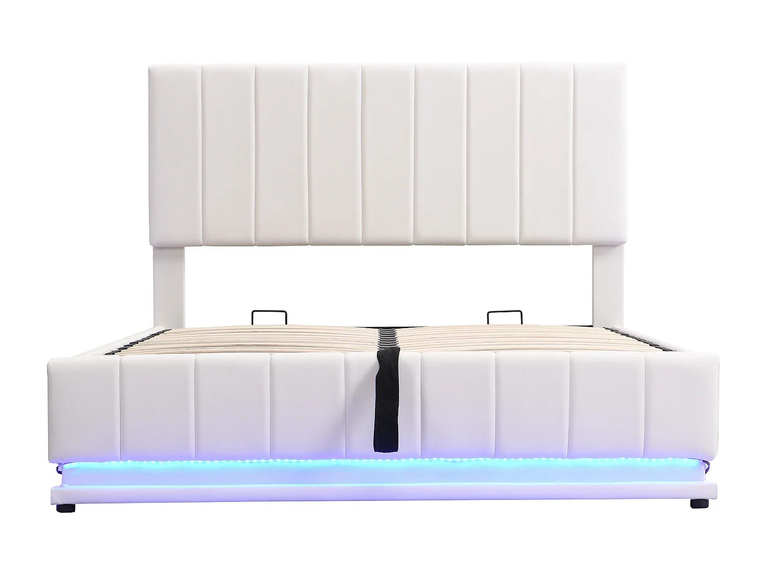 Lit coffre 140 x 200 cm, tissu en fond, LED, Tête de lit réglable, MDF+ métal+ PU blanc, sans matelas