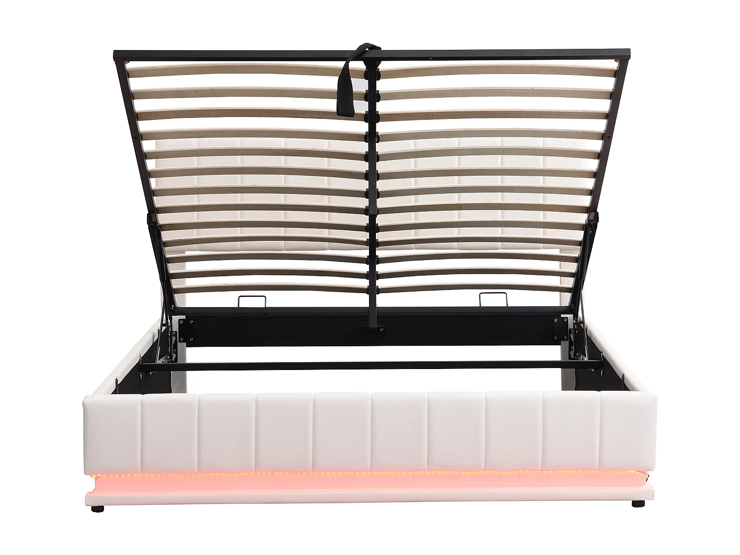 Lit coffre 160 x 200 cm, tissu en fond, LED, tête de lit réglable, rangement, PU blanc, sans matelas