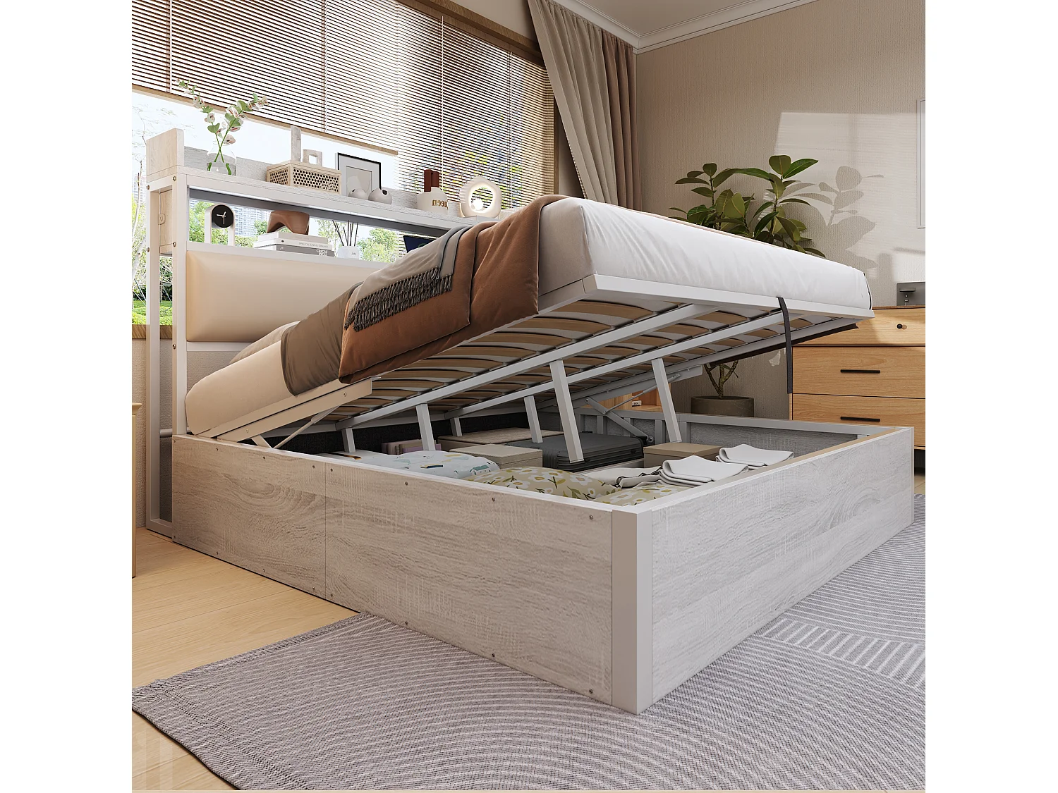 lit coffre double 180x200cm, tête de lit avec port USB, en MDF+  tissu+ métal blanc, sans matelas