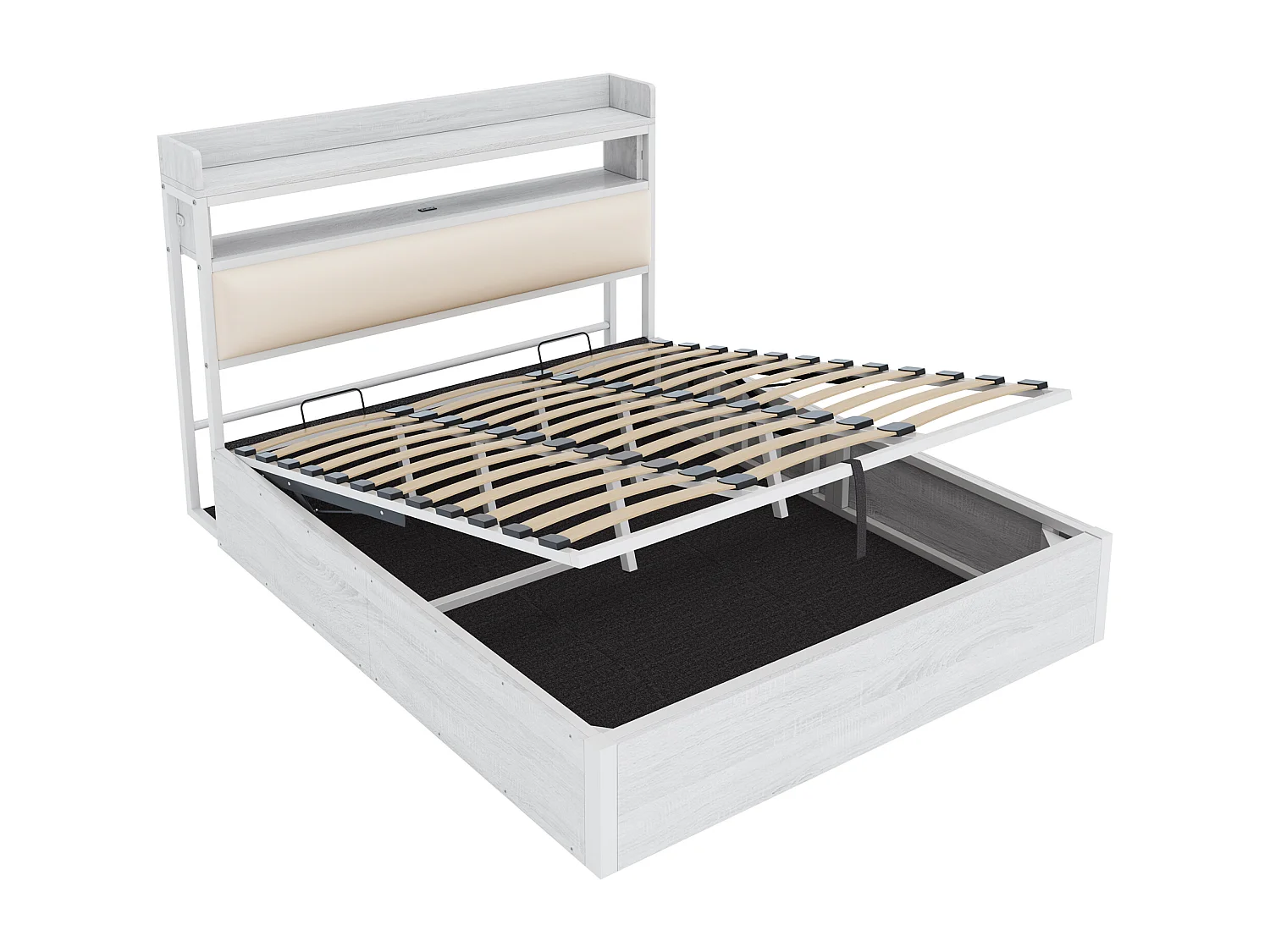 lit coffre double 180x200cm, tête de lit avec port USB, en MDF+  tissu+ métal blanc, sans matelas