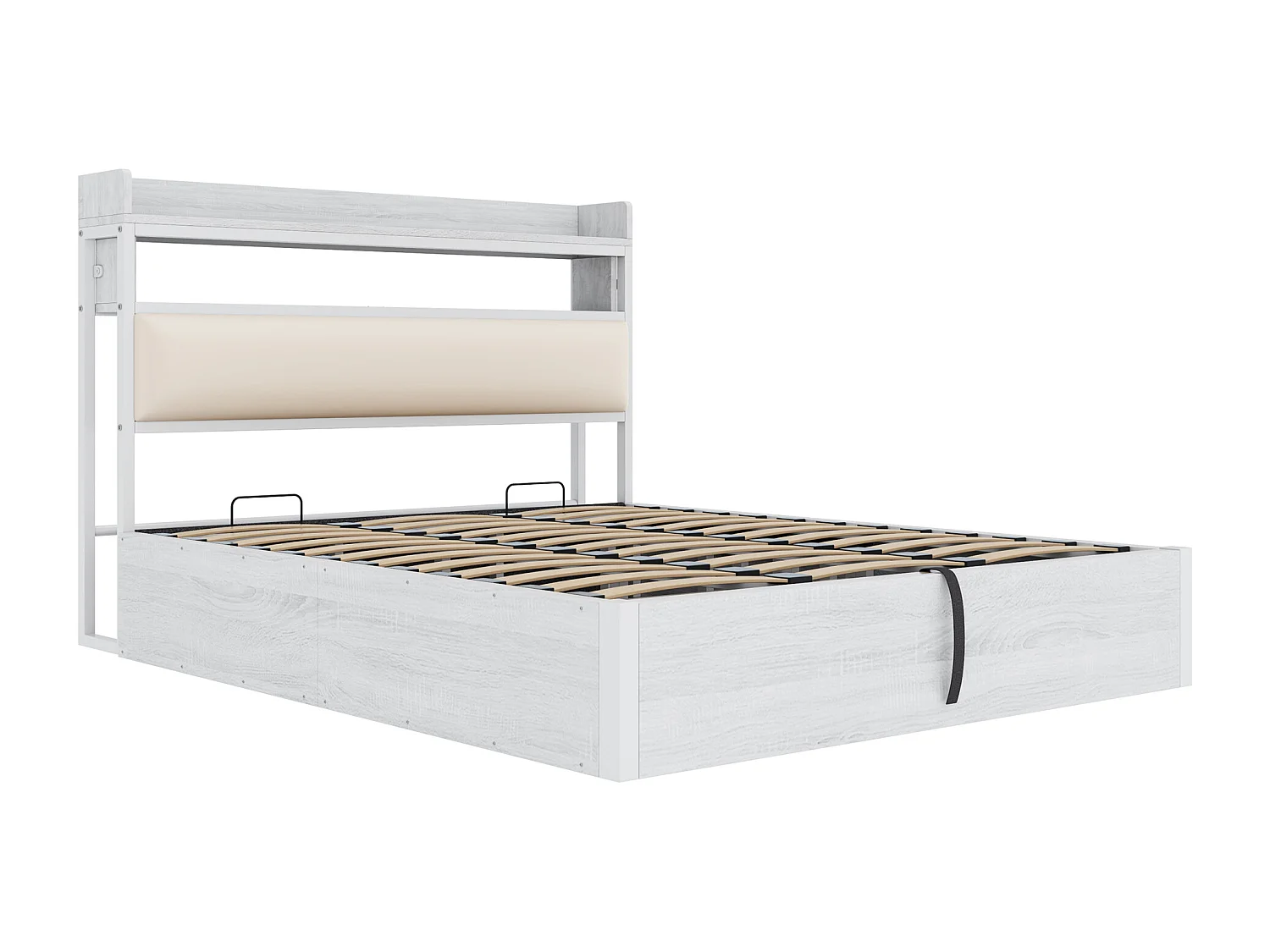 Gestoffeerd Bed 180x200 cm - Hydraulisch Opbergbed - Met USB En Hoofdbordvak - Stabiel - Metaal;MDF+Stof - Wit - Zonder matras
