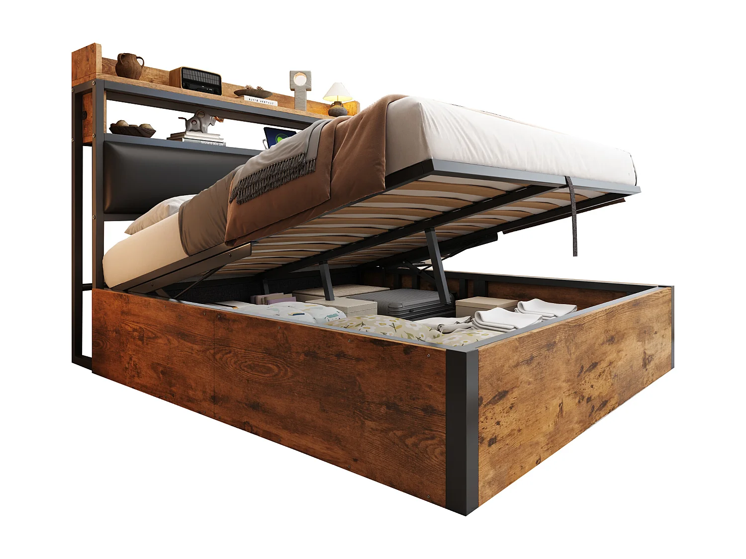 Lit 180 x 200 cm - Lit Coffre Hydraulique avec USB - En Métal & Bois - Tête Garnissée - Style Vintage Industriel - Noir - Sans matelas