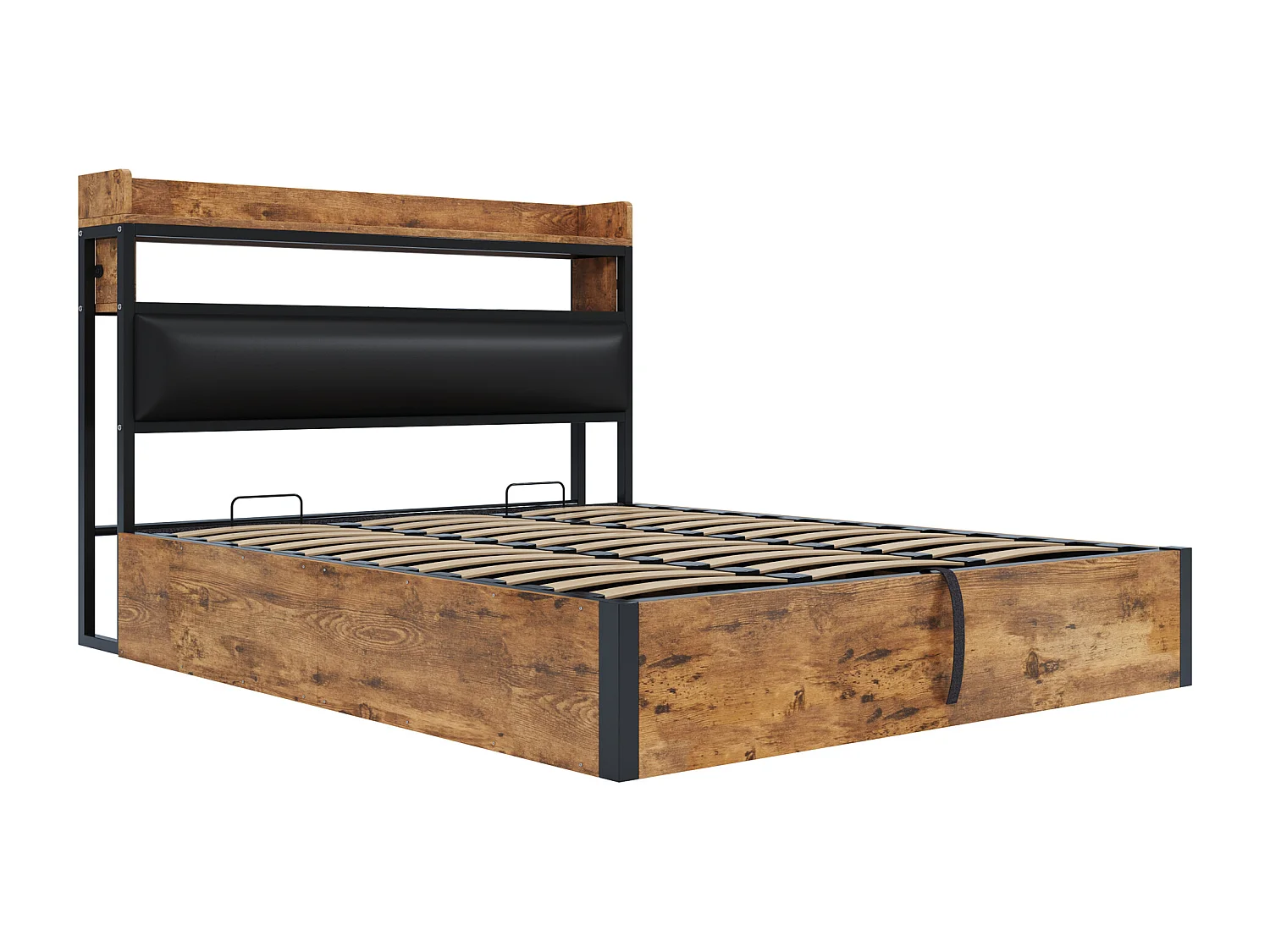 Lit 180 x 200 cm - Lit Coffre Hydraulique avec USB - En Métal & Bois - Tête Garnissée - Style Vintage Industriel - Noir - Sans matelas