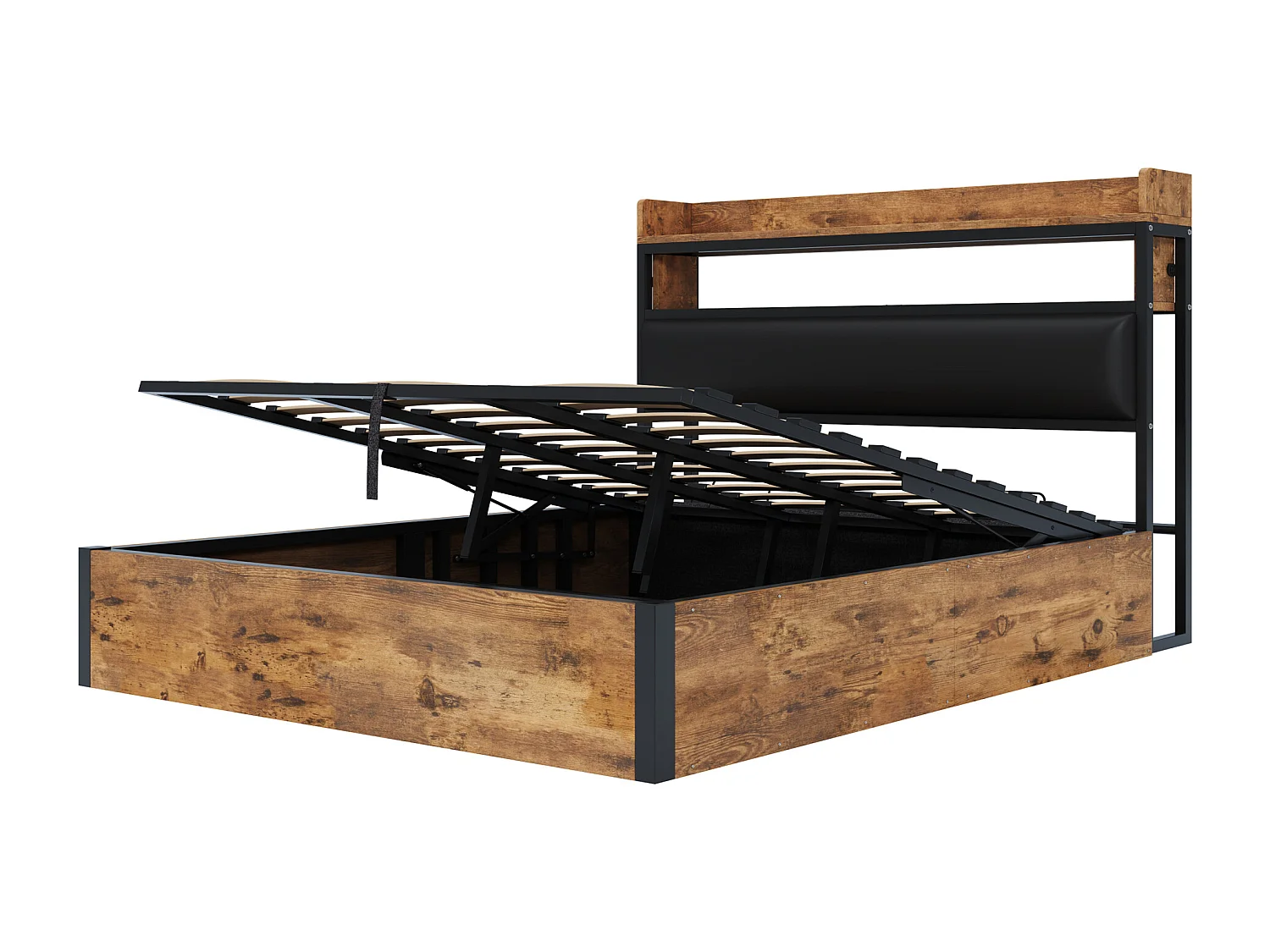 Lit 180 x 200 cm - Lit Coffre Hydraulique avec USB - En Métal & Bois - Tête Garnissée - Style Vintage Industriel - Noir - Sans matelas