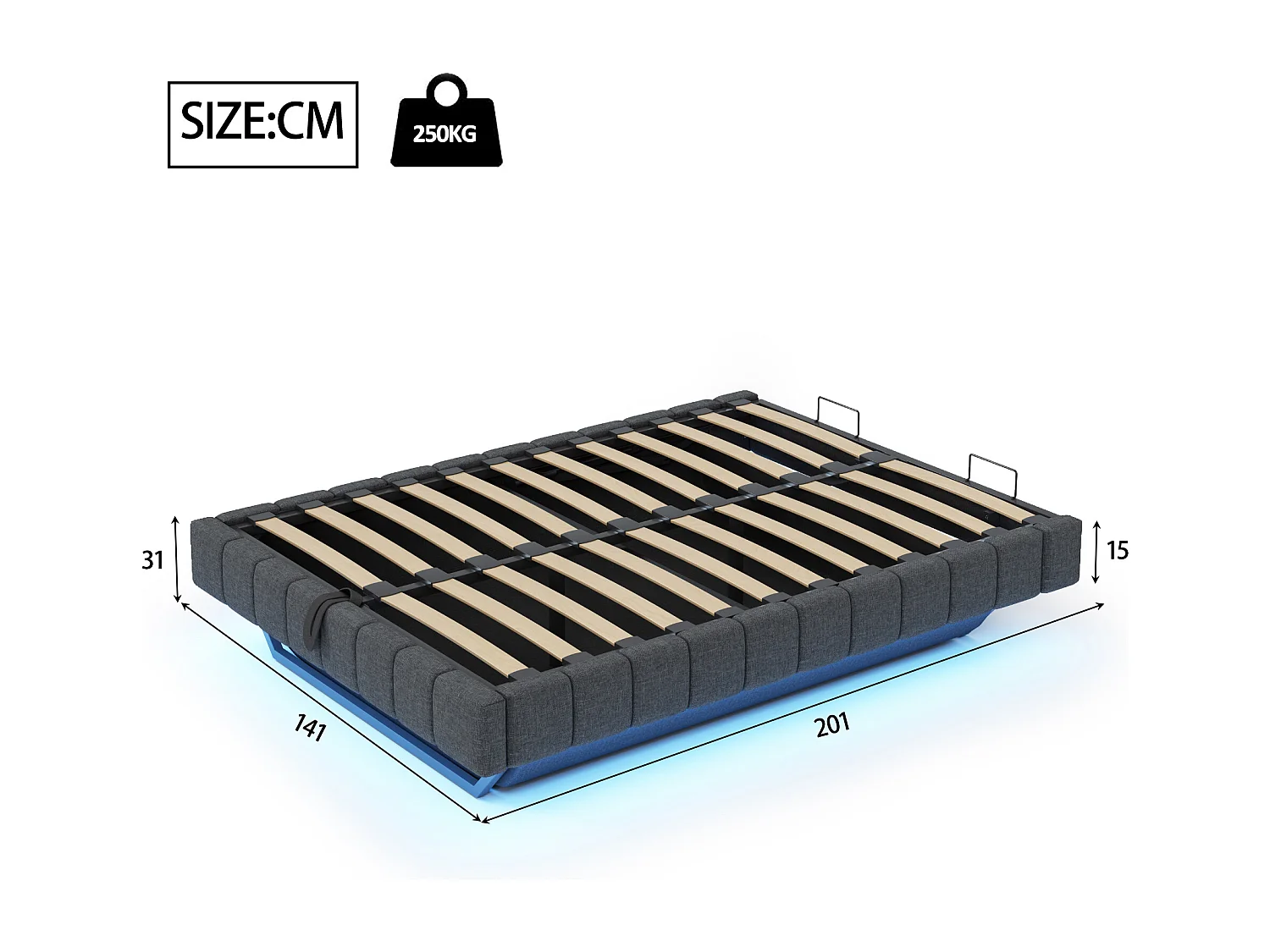 Lit coffre moderne 140x200 cm, tissu en fond, rangement, sans tête de lit, LED, lin gris, sans matelas