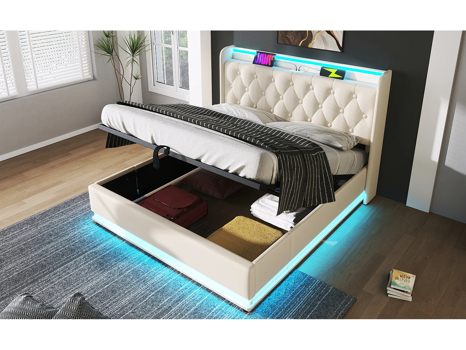 Lit coffre double 160 x 200 cm, tête de lit avec port USB, Type-C,LED, PU blanc, sans matelas