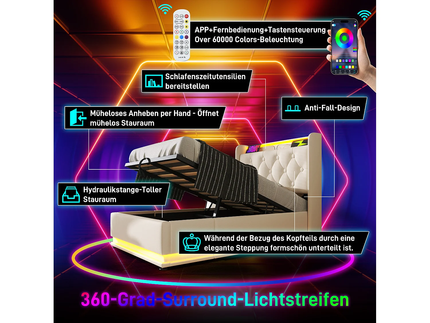 Gestoffeerd Bed 160x200 cm – Tweepersoonsbed Met 360 Graden LED & Hydraulische Opbergfunctie – PU Kunstleer – Wit – Zonder Matras