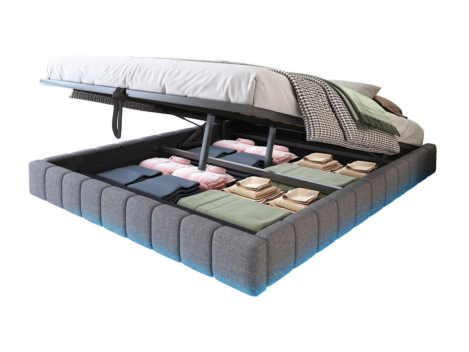 Lit coffre moderne 160x200 cm, tissu en fond, rangement, sans tête de lit, LED, lin gris, sans matelas
