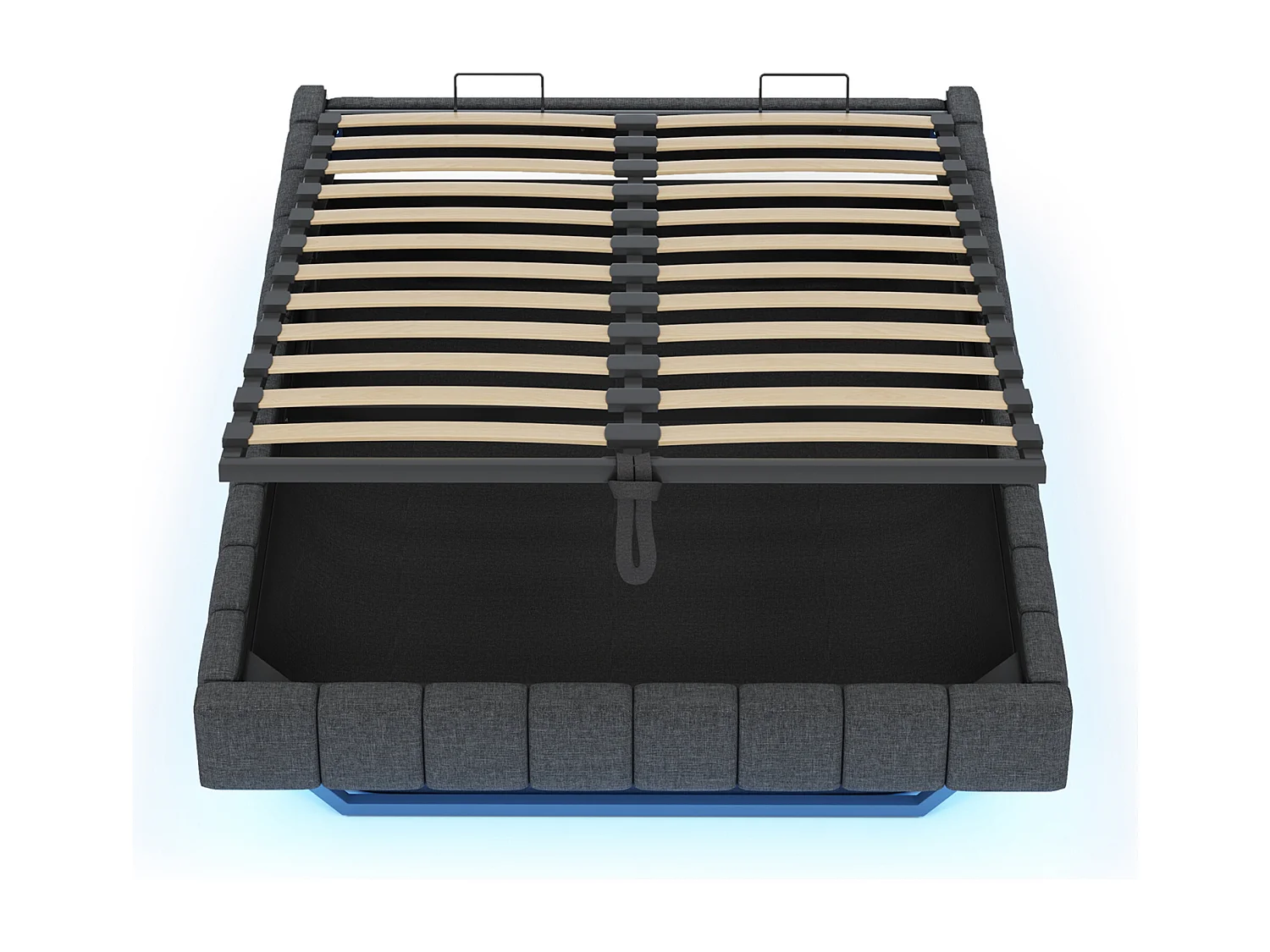 Lit coffre moderne 160x200 cm, tissu en fond, rangement, sans tête de lit, LED, lin gris, sans matelas