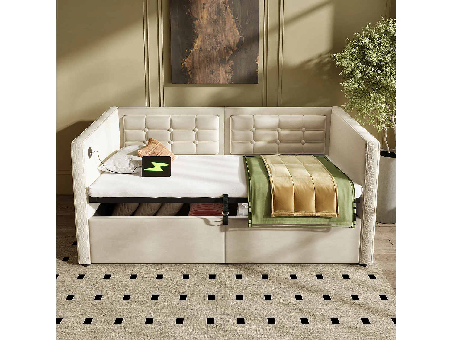 Lit coffre moderne 90x200 cm,  port USB et Type-C, canapé-lit, Rangement, Velours beige, sans matelas