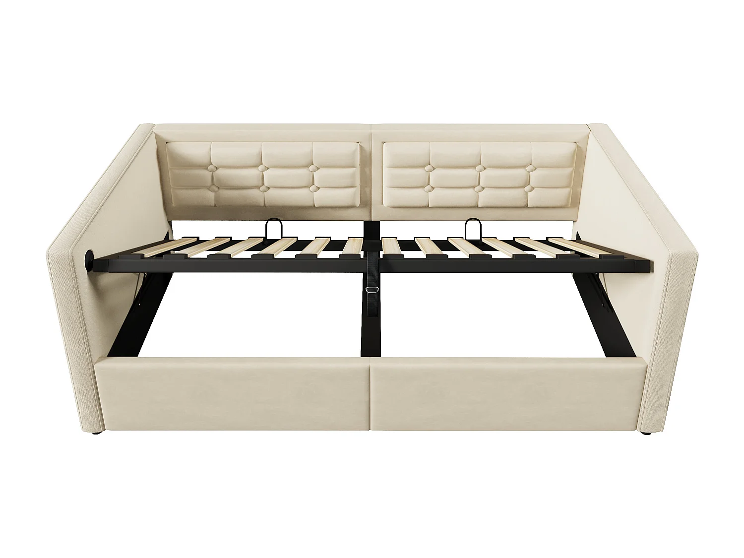 Lit coffre moderne 90x200 cm,  port USB et Type-C, canapé-lit, Rangement, Velours beige, sans matelas