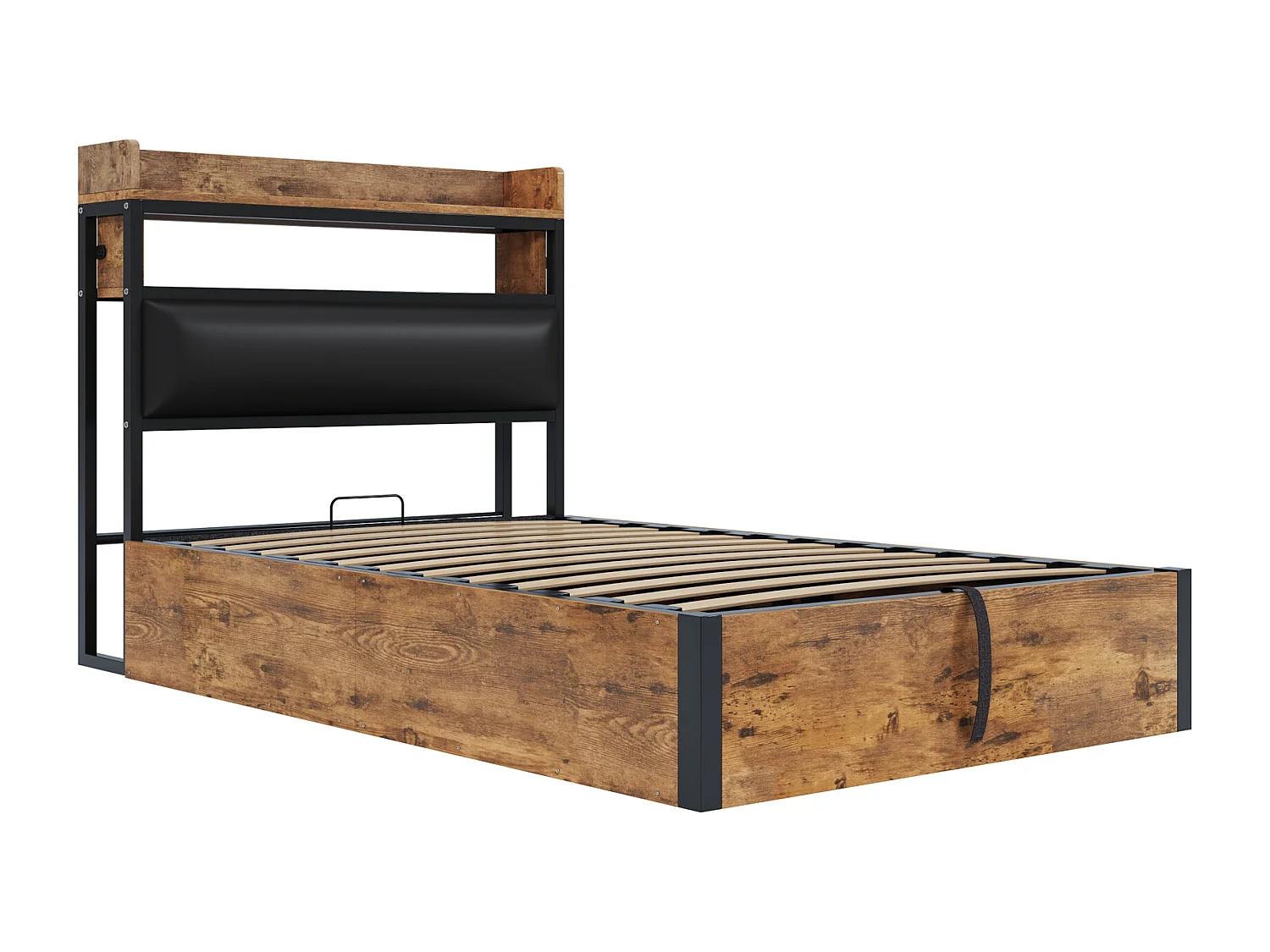 Gestoffeerd Bed 90x200cm - Hydraulische Opbergruimte - USB Oplaadpunten - Met Gepolsterd Hoofdeinde - Metaal+Hout Retro - Zonder matras - Zwart