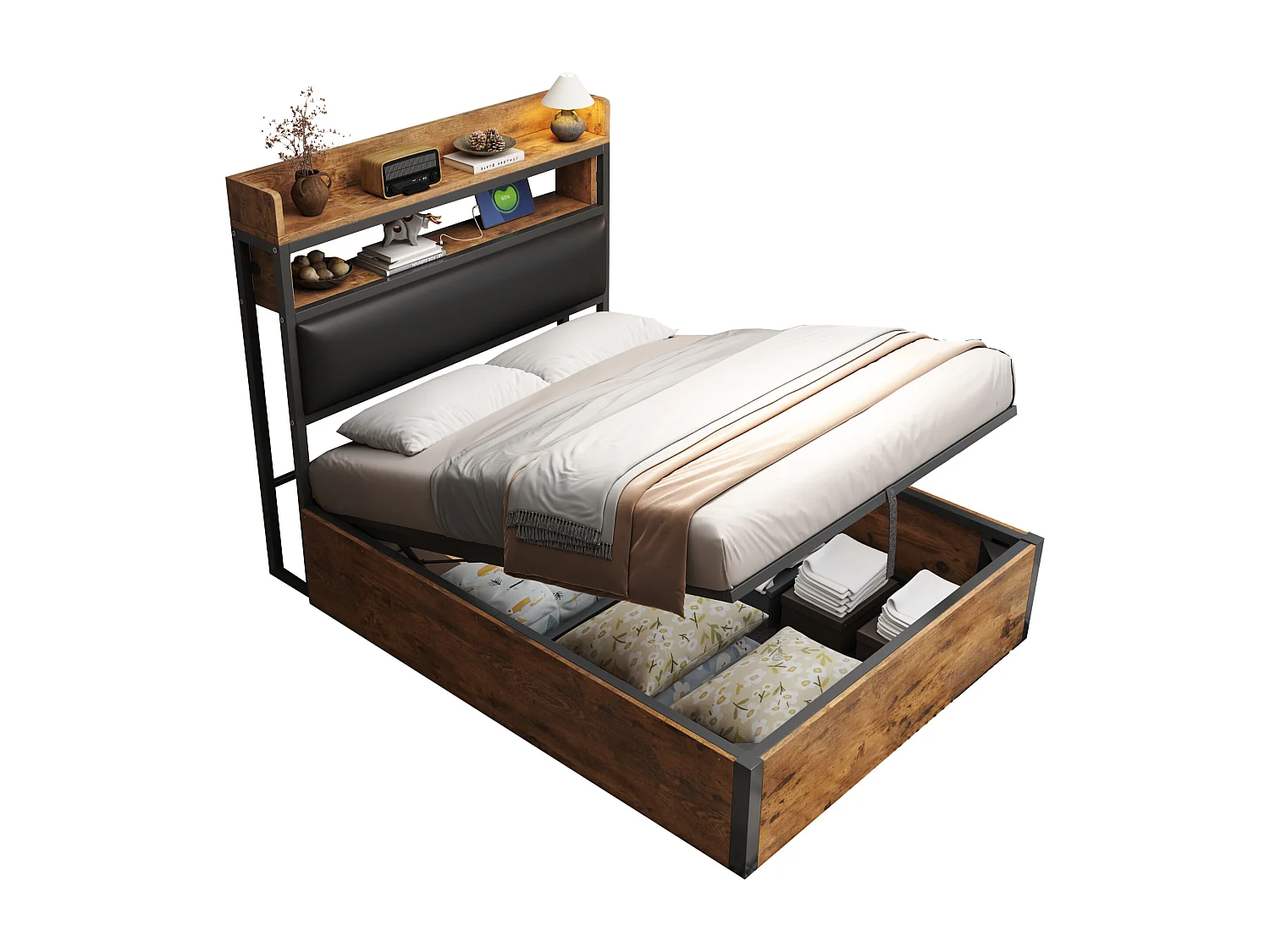 Gestoffeerd Bed 90x200cm - Hydraulische Opbergruimte - USB Oplaadpunten - Met Gepolsterd Hoofdeinde - Metaal+Hout Retro - Zonder matras - Zwart