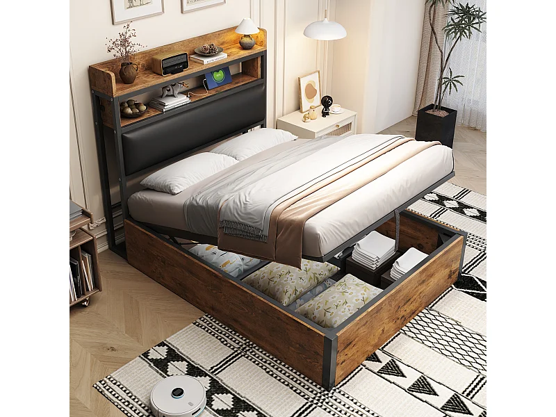 Gestoffeerd Bed 90x200cm - Hydraulische Opbergruimte - USB Oplaadpunten - Met Gepolsterd Hoofdeinde - Metaal+Hout Retro - Zonder matras - Zwart