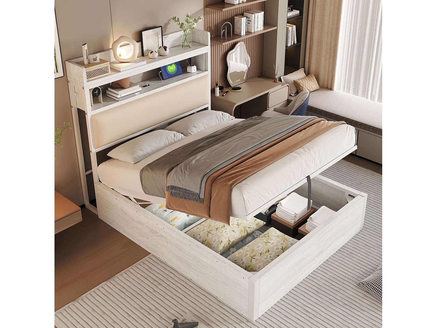 Cadre De Lit 90 x 200 cm - Lit Coffre À Levage Hydraulique Avec Tête De Lit Rangement Et Ports USB - Métal;Bois - Blanc - Sans Matelas