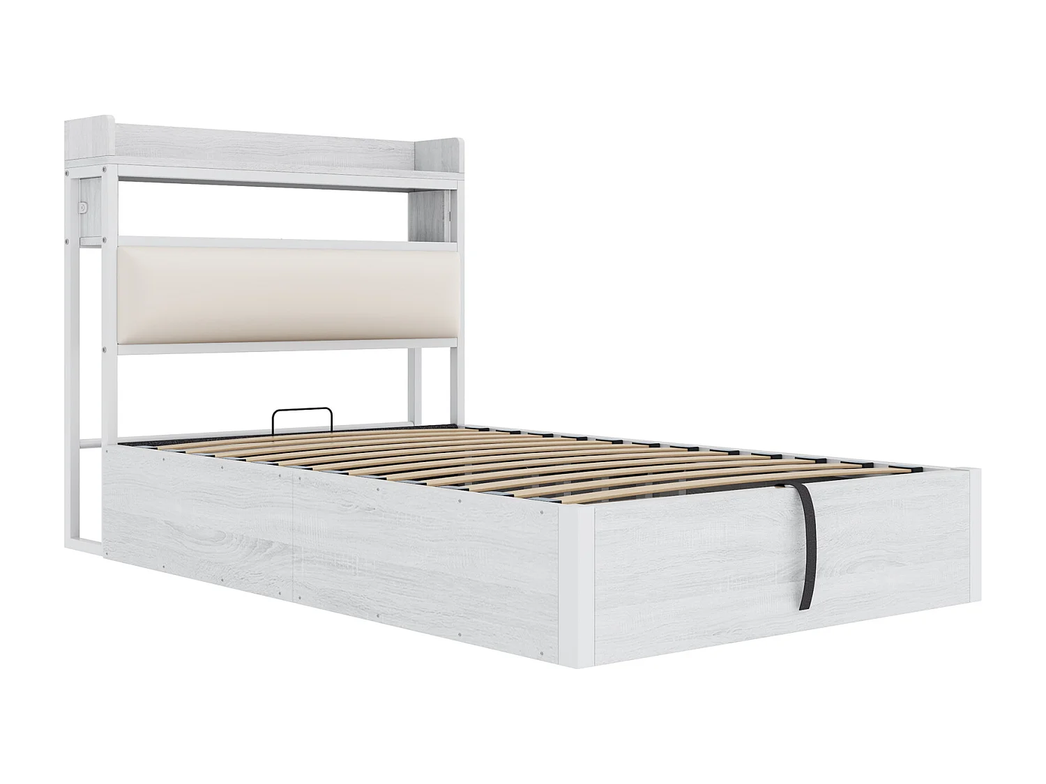 Cadre De Lit 90 x 200 cm - Lit Coffre À Levage Hydraulique Avec Tête De Lit Rangement Et Ports USB - Métal;Bois - Blanc - Sans Matelas