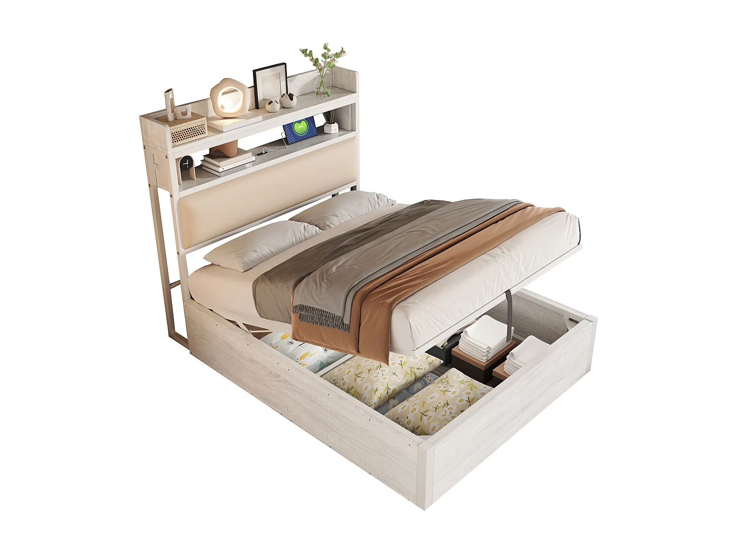 Cadre De Lit 90 x 200 cm - Lit Coffre À Levage Hydraulique Avec Tête De Lit Rangement Et Ports USB - Métal;Bois - Blanc - Sans Matelas
