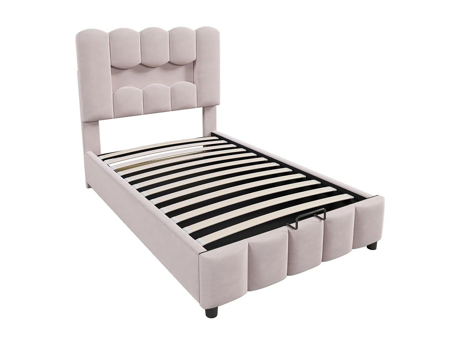 Lit coffre simple 90x200 cm, tissu en fond, rangement, LED, tête de lit réglable, Velours rose, sans matelas