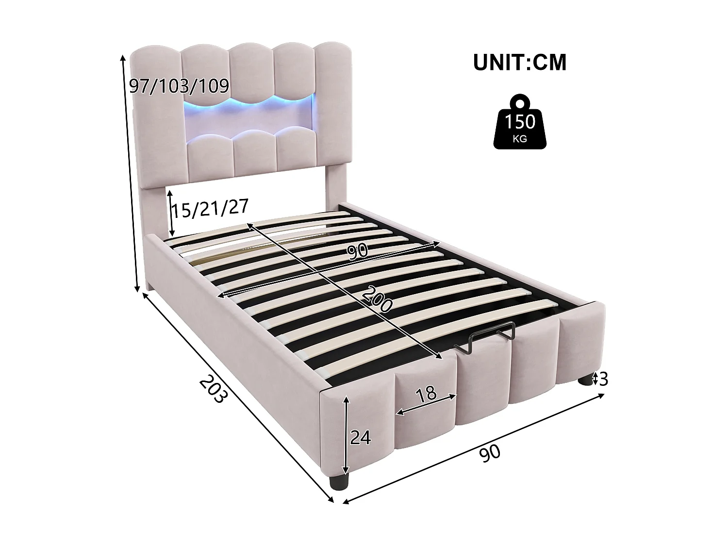 Lit coffre simple 90x200 cm, tissu en fond, rangement, LED, tête de lit réglable, Velours rose, sans matelas