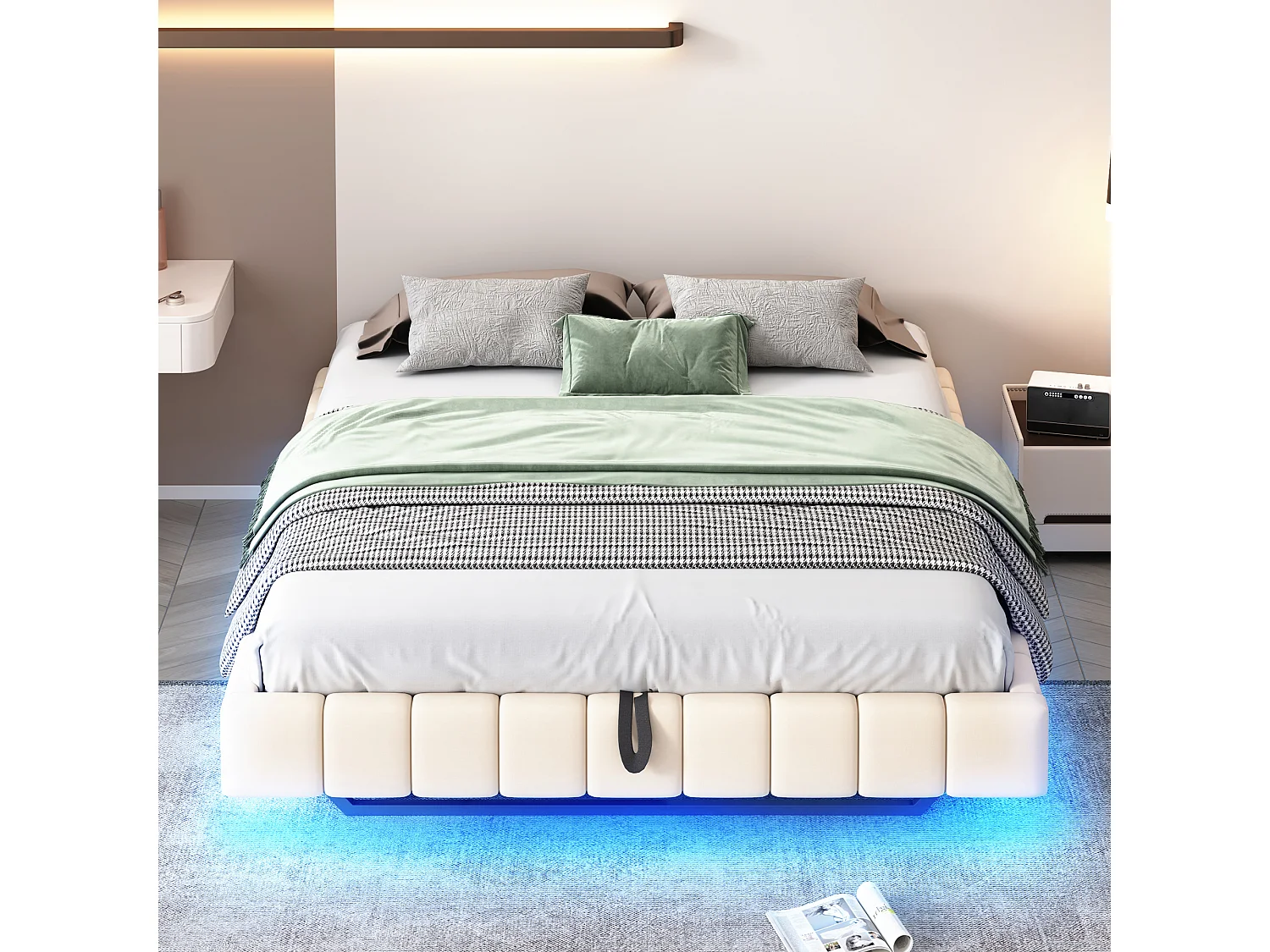 Lit coffre moderne 160 x 200 cm, tissu en fond, rangement, sans tête de lit, LED, lin beige, sans matelas