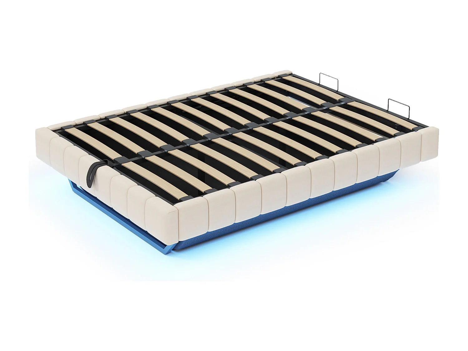 Lit coffre moderne 160 x 200 cm, tissu en fond, rangement, sans tête de lit, LED, lin beige, sans matelas