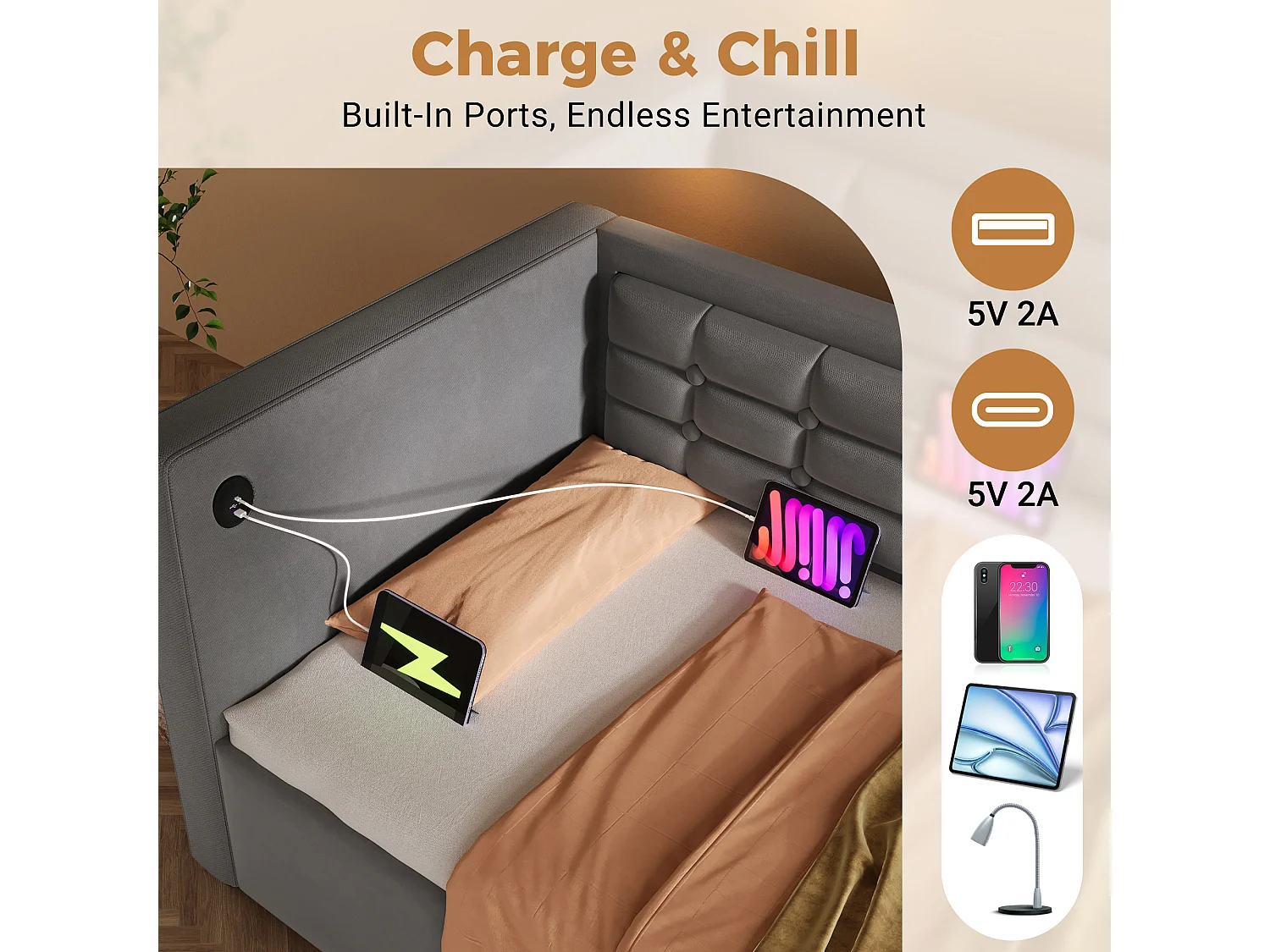 Gestoffeerd Slaapbank 90x200 cm – Hydraulische Opbergruimte & USB/Type-C Laadstation – met Knooppatroon en Vakken – Fluweel – Grijs – Zonder Matras
