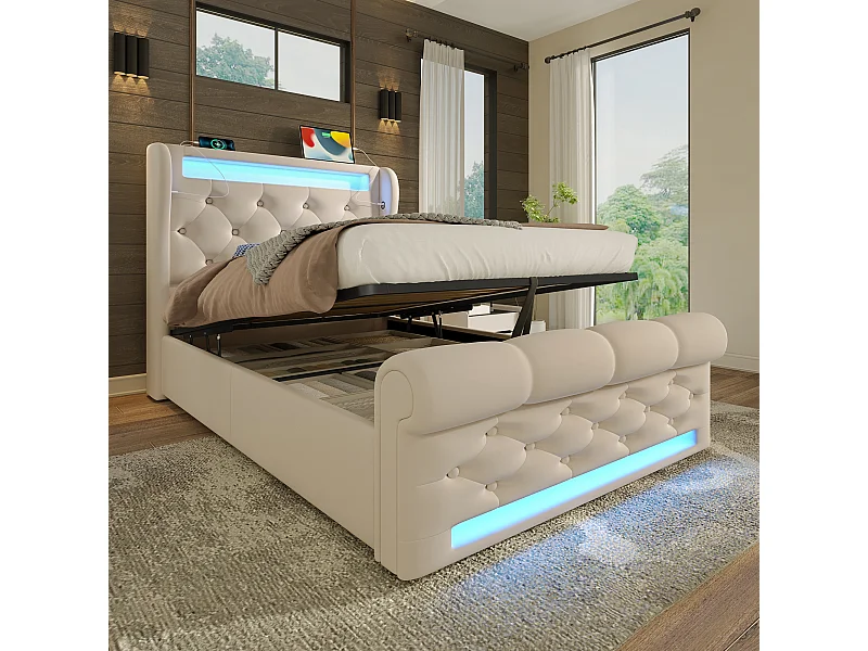 lit coffre simple 90x200cm, tête de lit avec port USB, Type-C,  LED, Velours beige, sans matelas