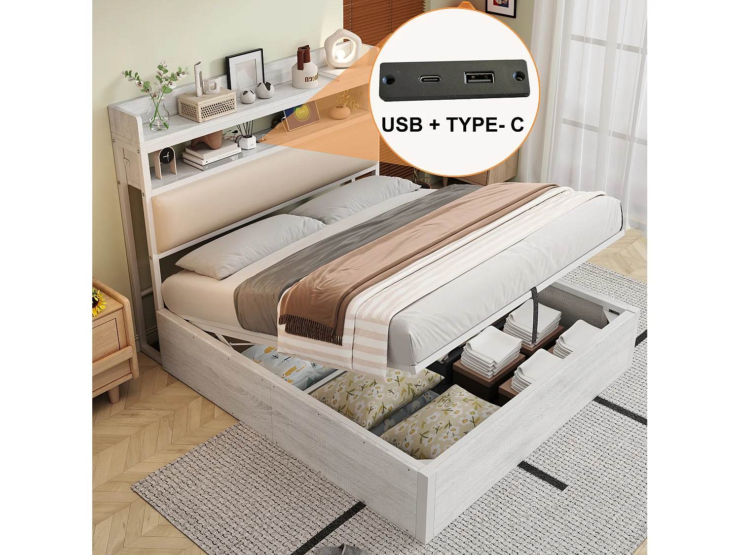 lit coffre double 140x200cm, tête de lit avec port USB, en MDF+  tissu+ métal blanc, sans matelas